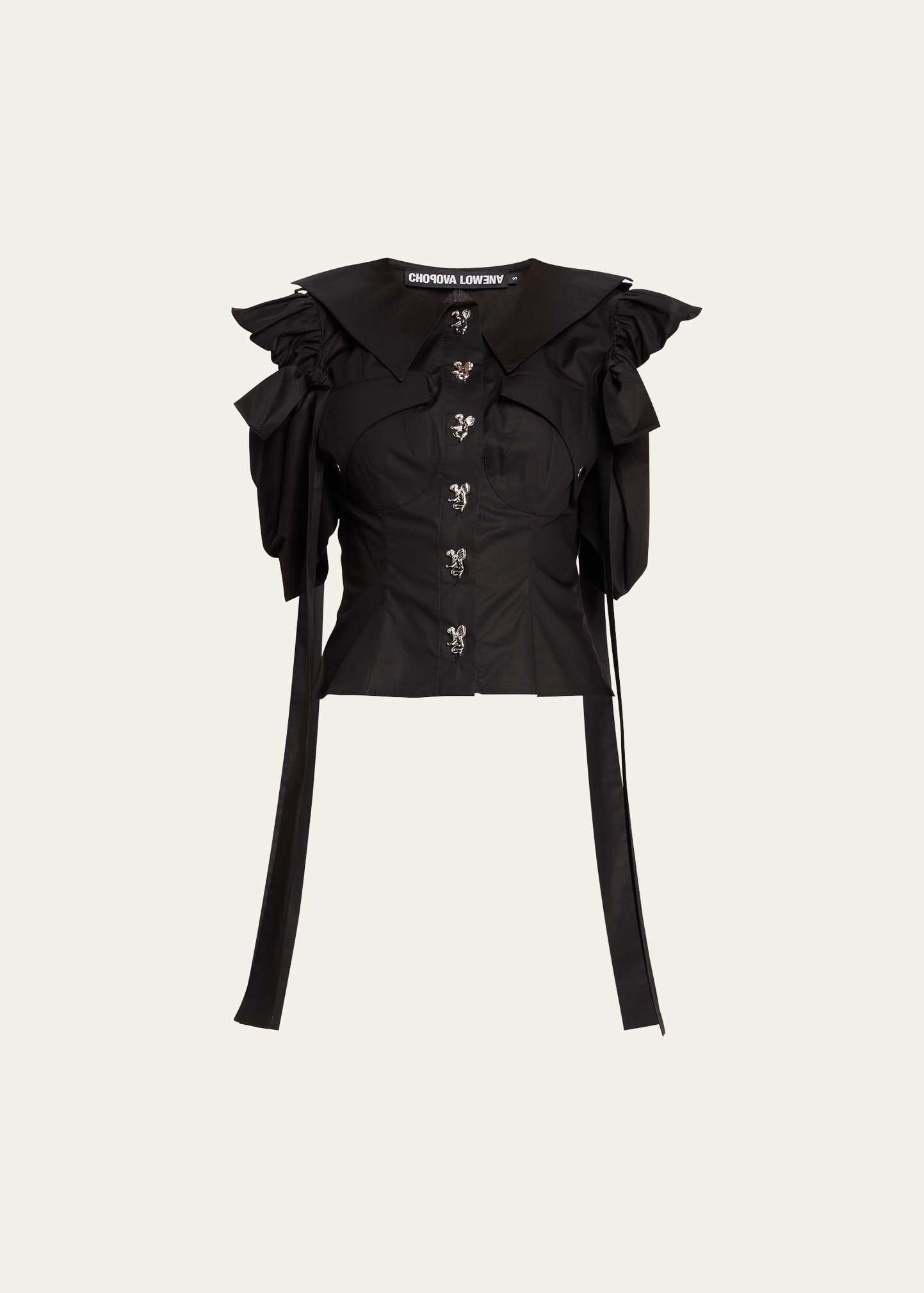 Chopova Lowena Gathered-sleeve Fitted Cotton Blouse In Black