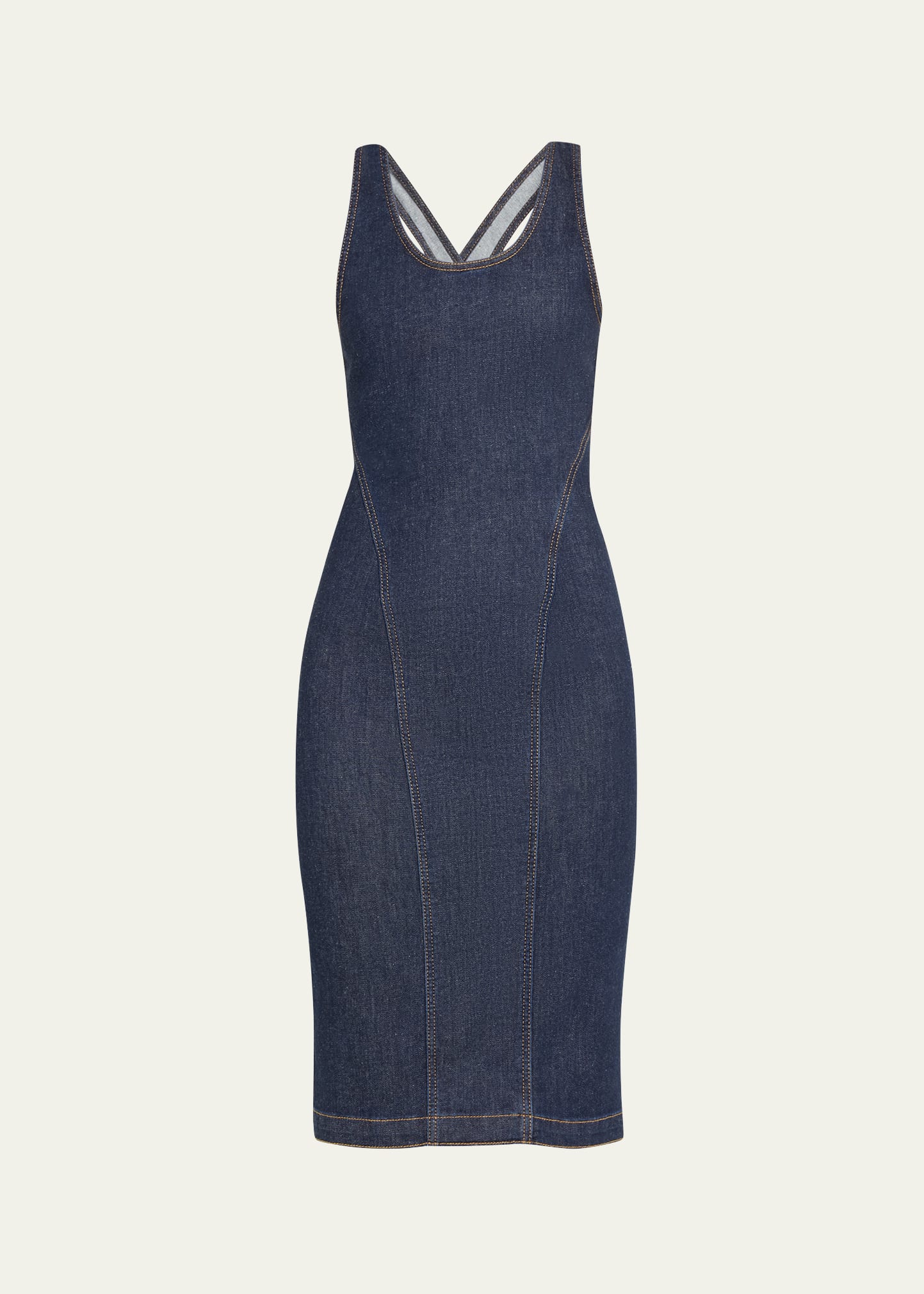Shop Alaïa Stretch Denim Midi Dress With Open Back In Bleu Denim