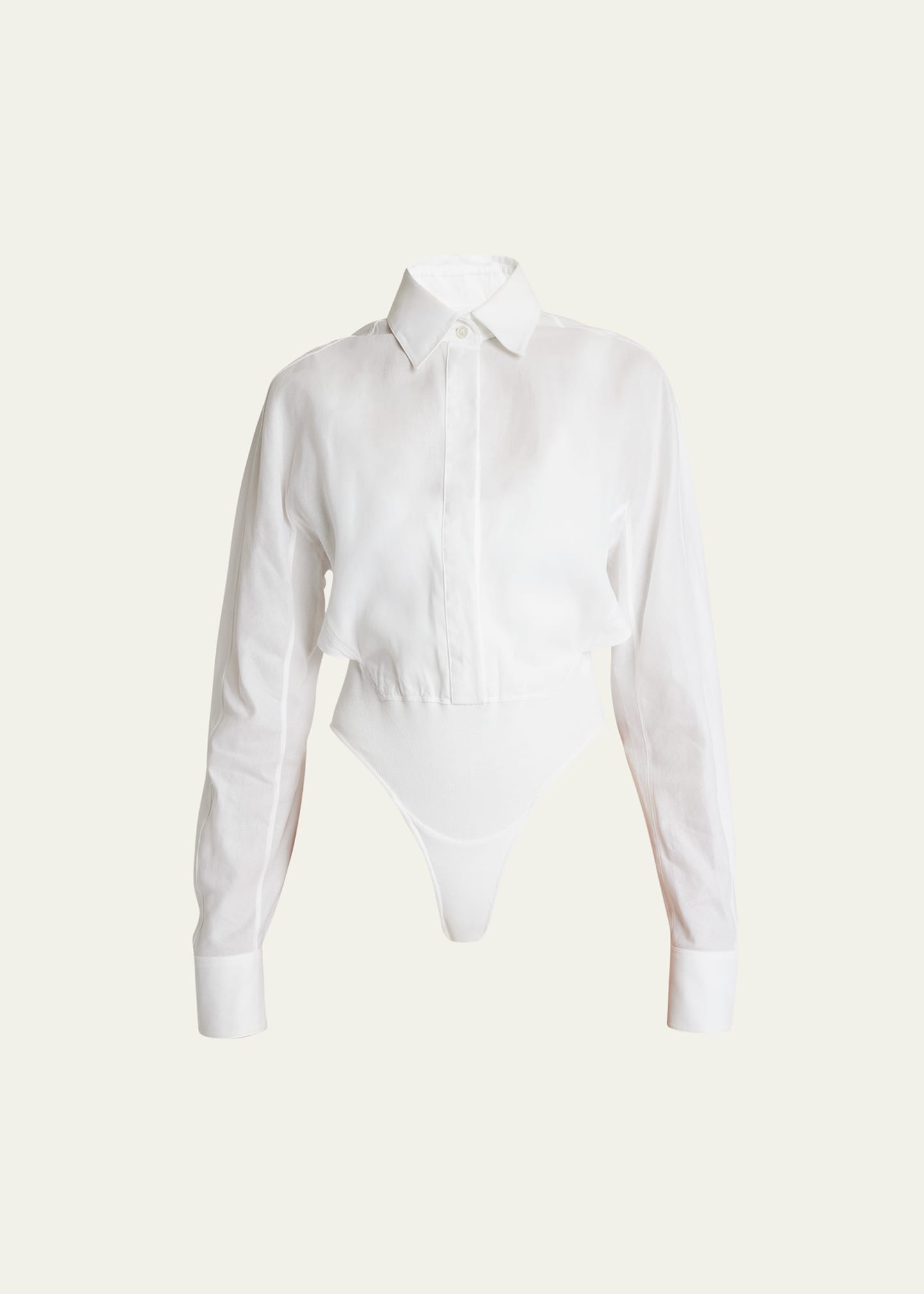 Shop Alaïa Sheer Collared Long-sleeve Bodysuit In Blanc