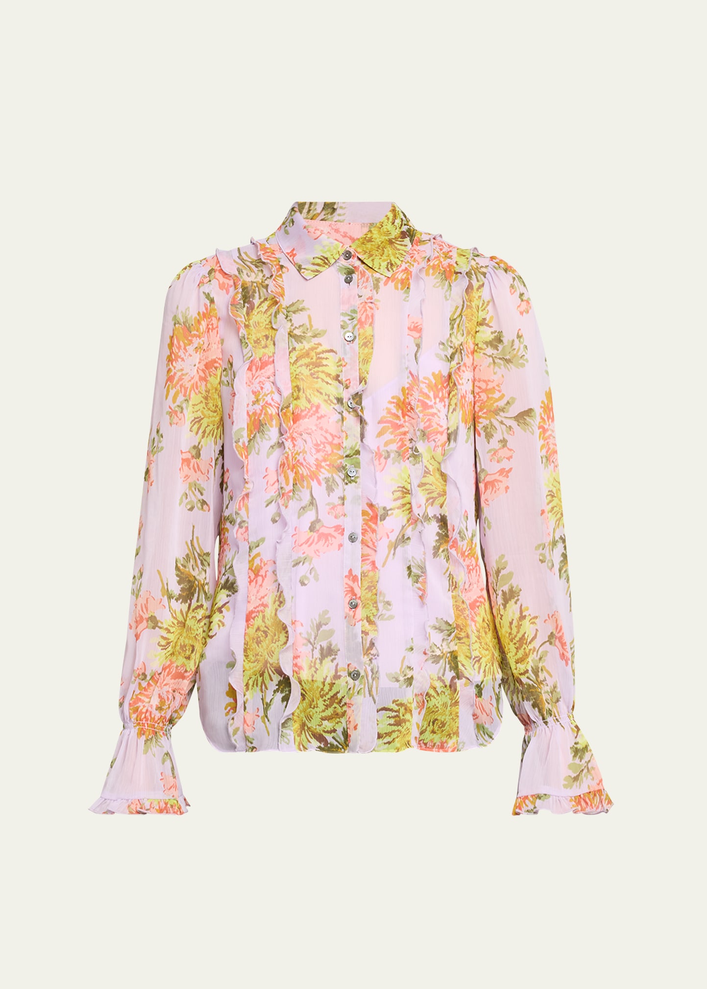 Shop Cinq À Sept Estelle Bell-sleeve Ruffled Button-front Top In Lilac Multi