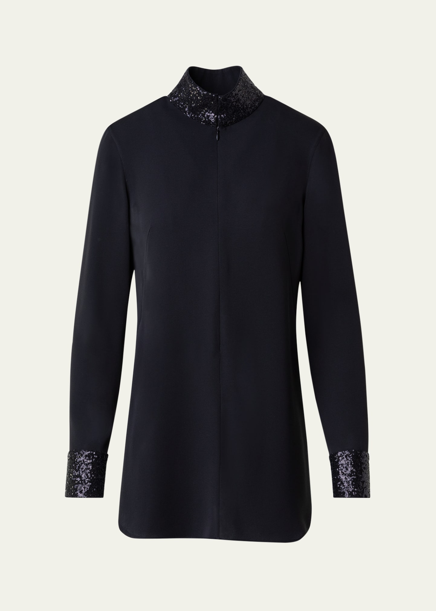 Shop Akris Sequined Trim Mock Neck Silk Crepe Tunic Blouse In Black