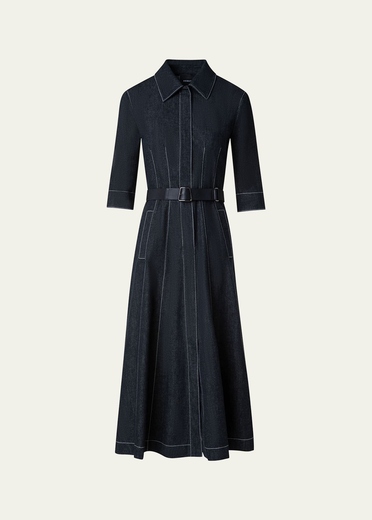 Akris Belted Cotton Denim Midi Dress With Contrast Stitching In Black