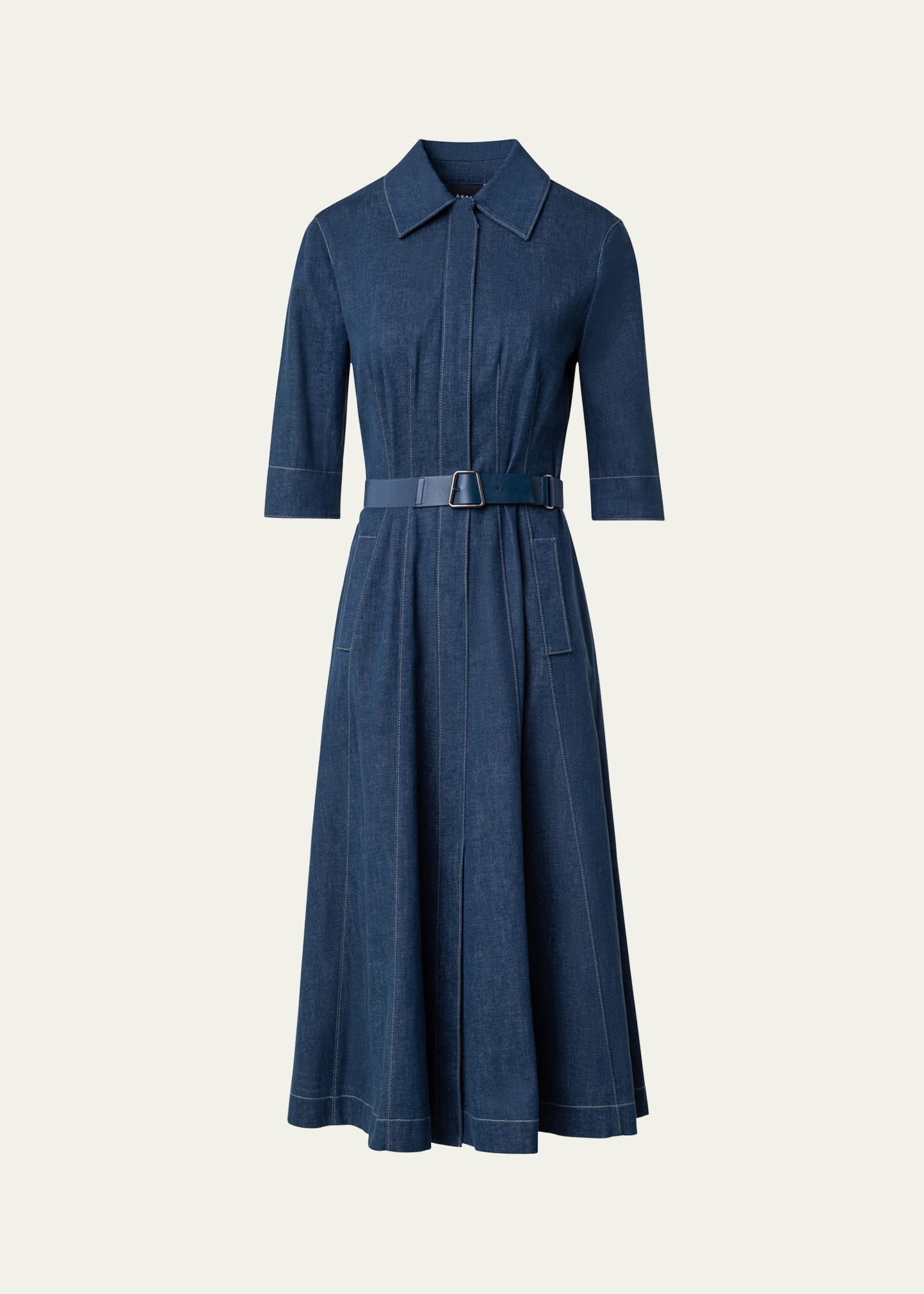 Akris Belted Cotton Denim Midi Dress With Contrast Stitching In Blue