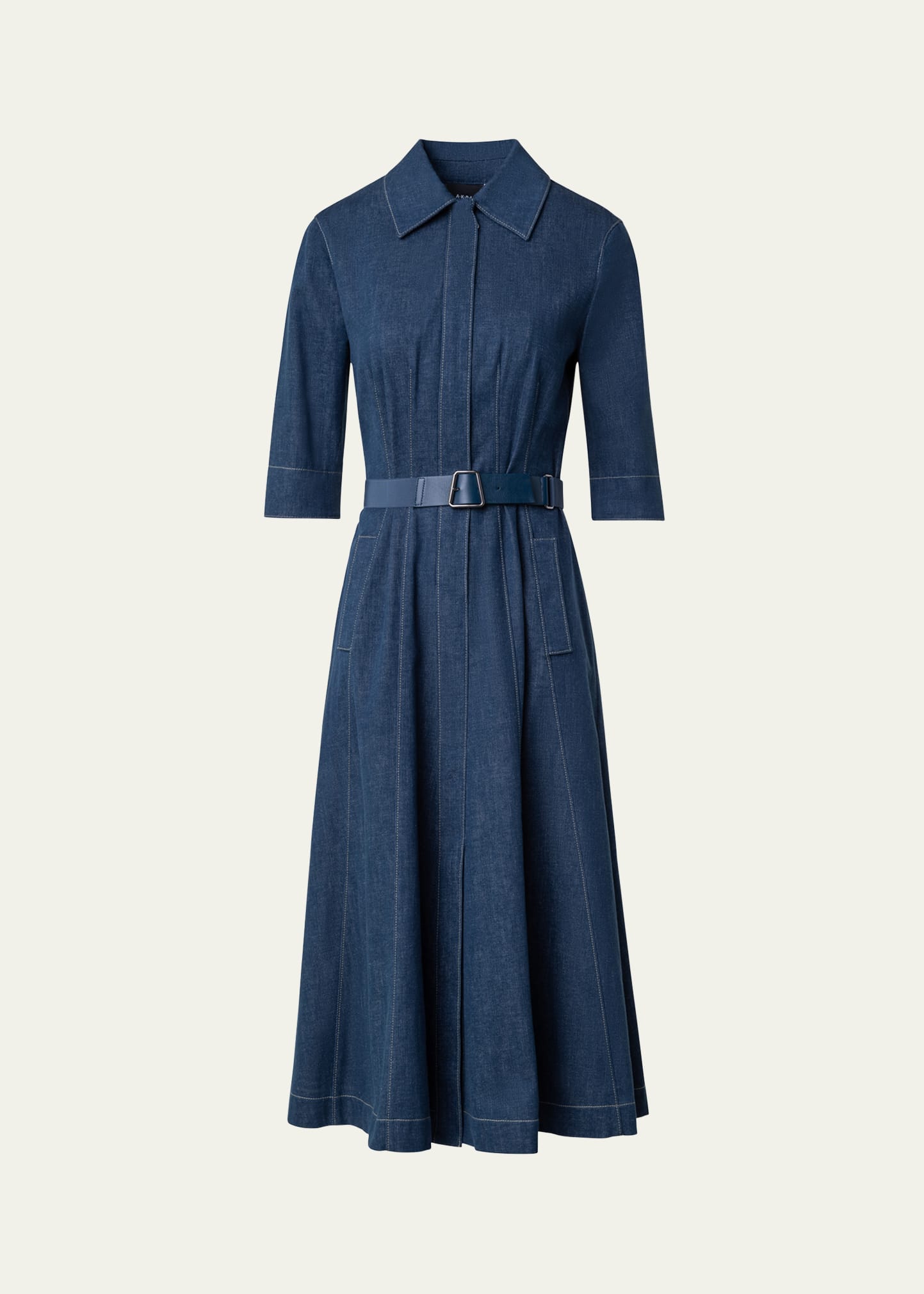 Belted Cotton Denim Midi Dress with Contrast Stitching