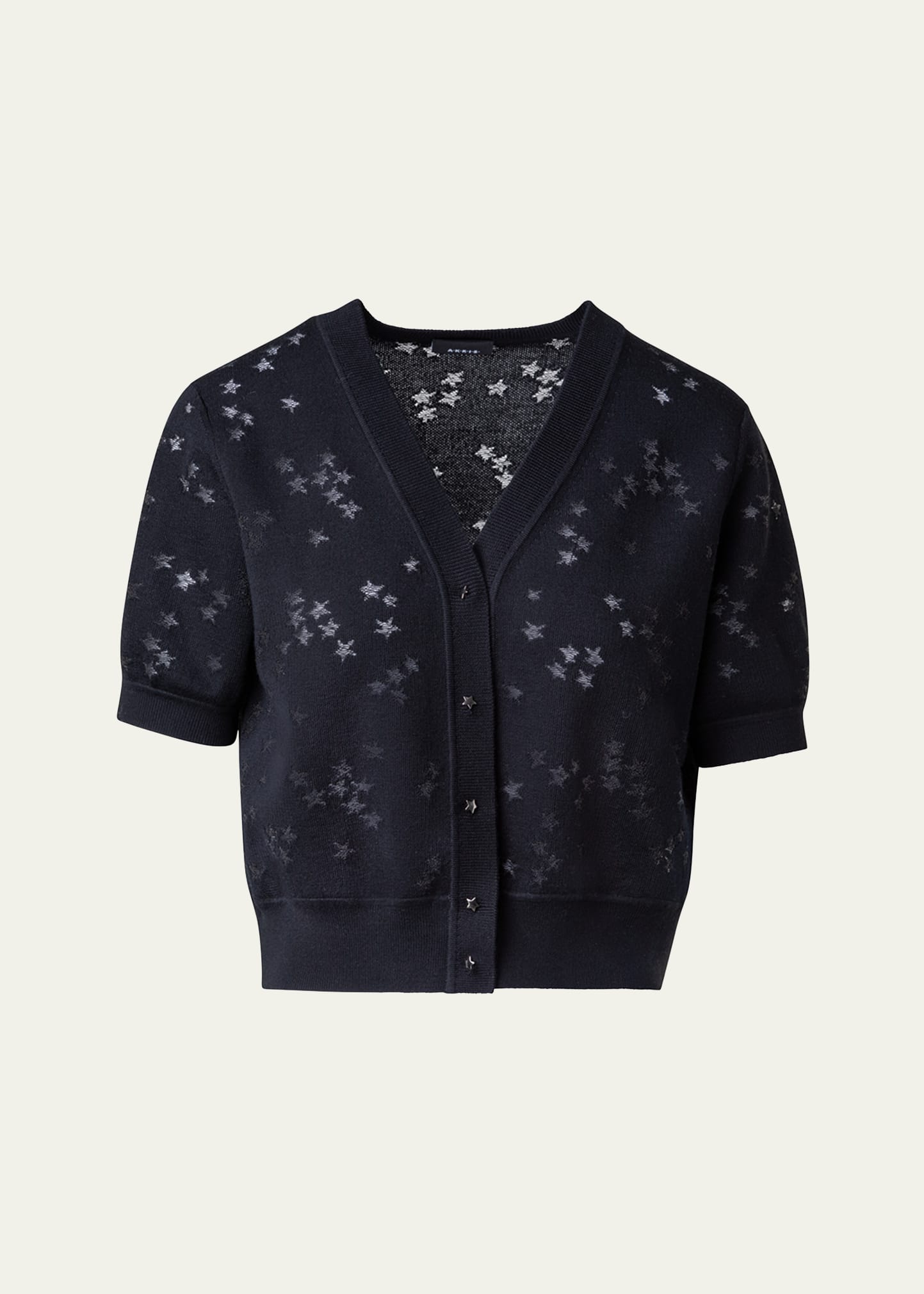 Wool-Silk Blend Knit Short Cardigan with Stars Intarsia Detail
