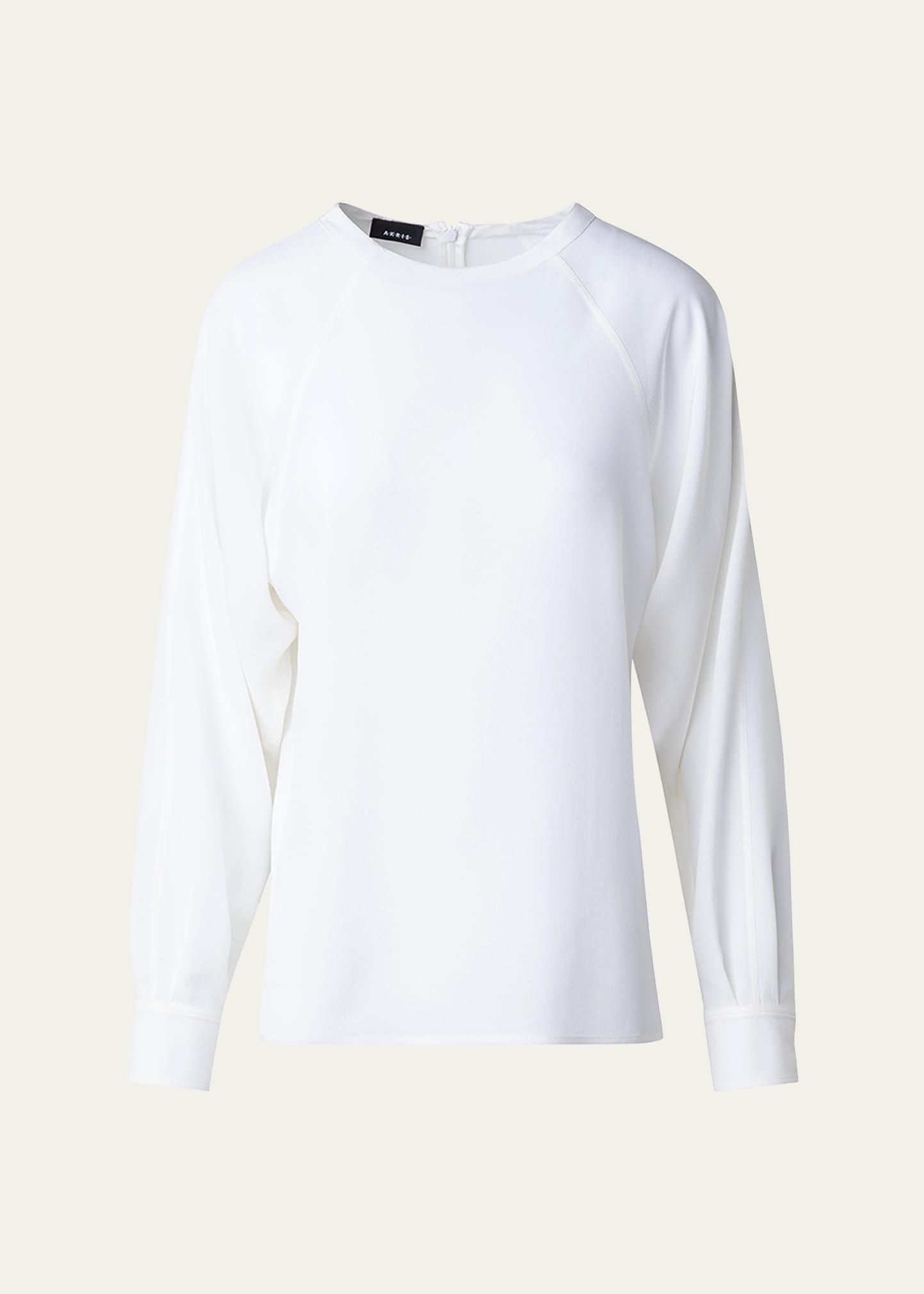 Shop Akris Crewneck Long-sleeve Silk Crepe Blouse In Ecru