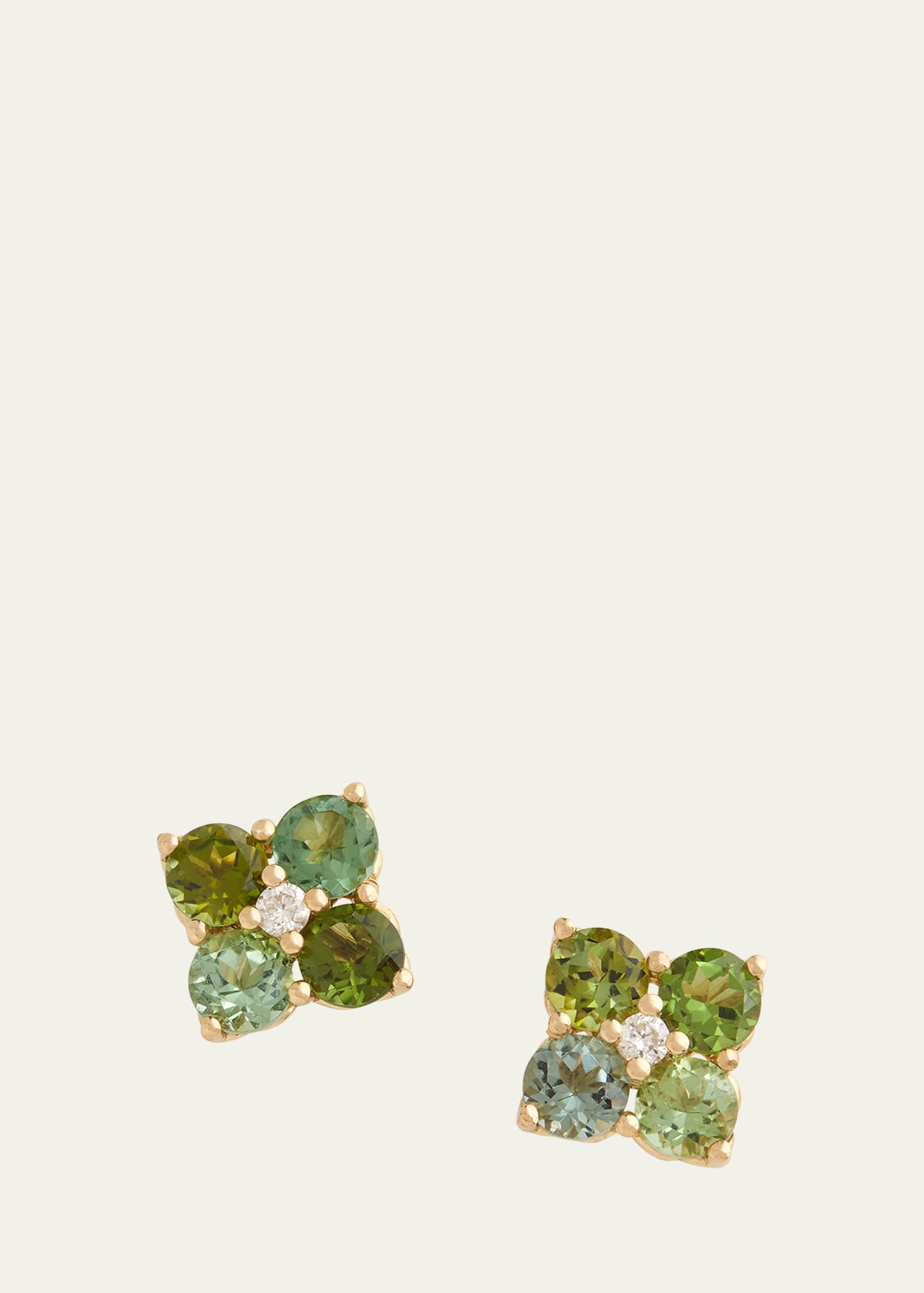 18K Yellow Gold Green Tourmaline Cluster Stud Earrings with Diamonds