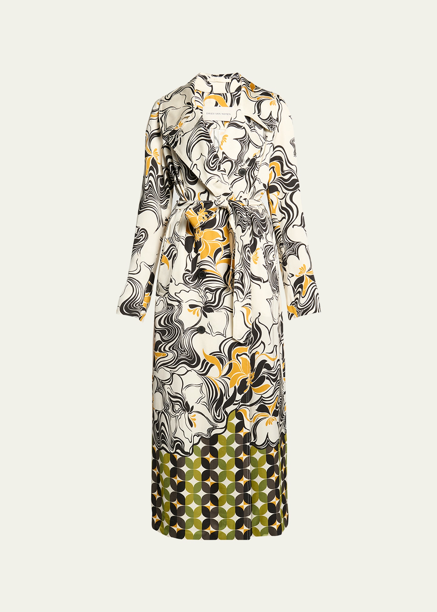 Shop Dries Van Noten Rolana Abstract Print Belted Trench Coat In Ecru