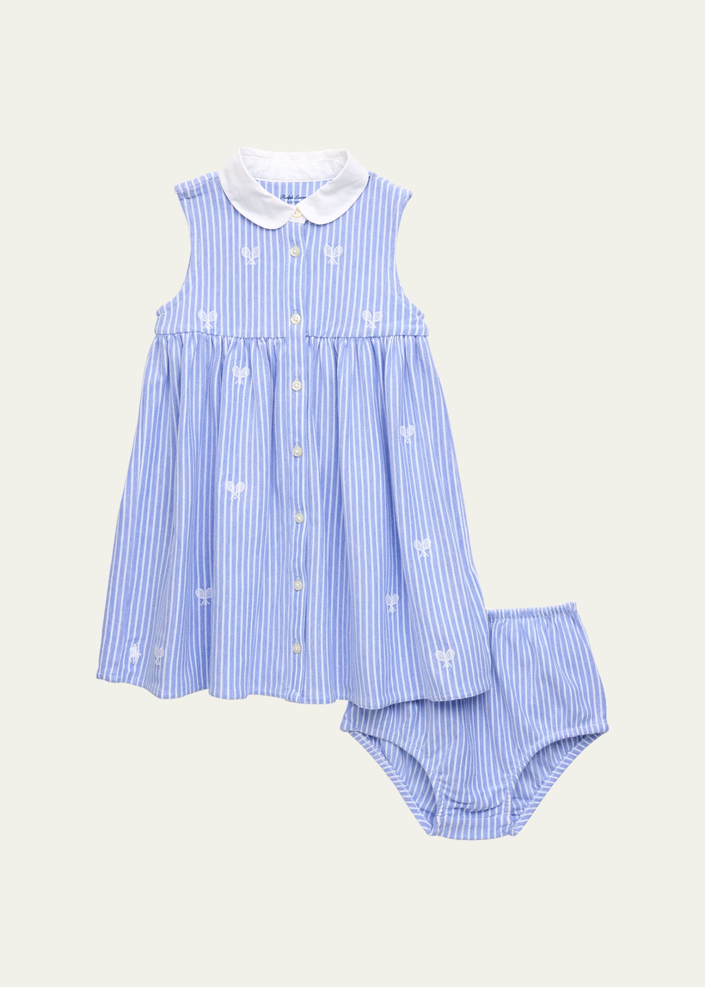 RALPH LAUREN GIRL'S EMBROIDERED PINSTRIPE COTTON MESH DRESS WITH BLOOMERS