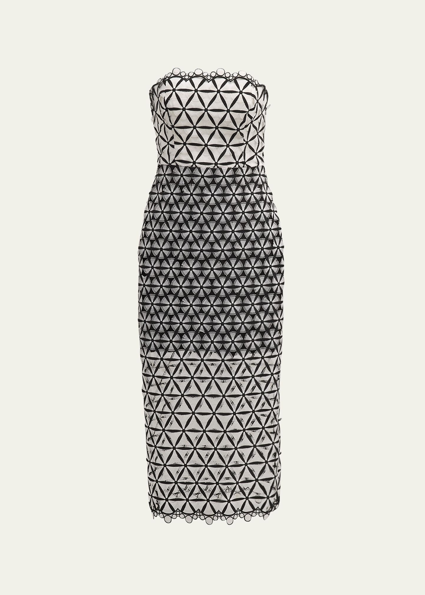 Shop Milly Strapless Geometric Lace Midi Dress In Blackwhite