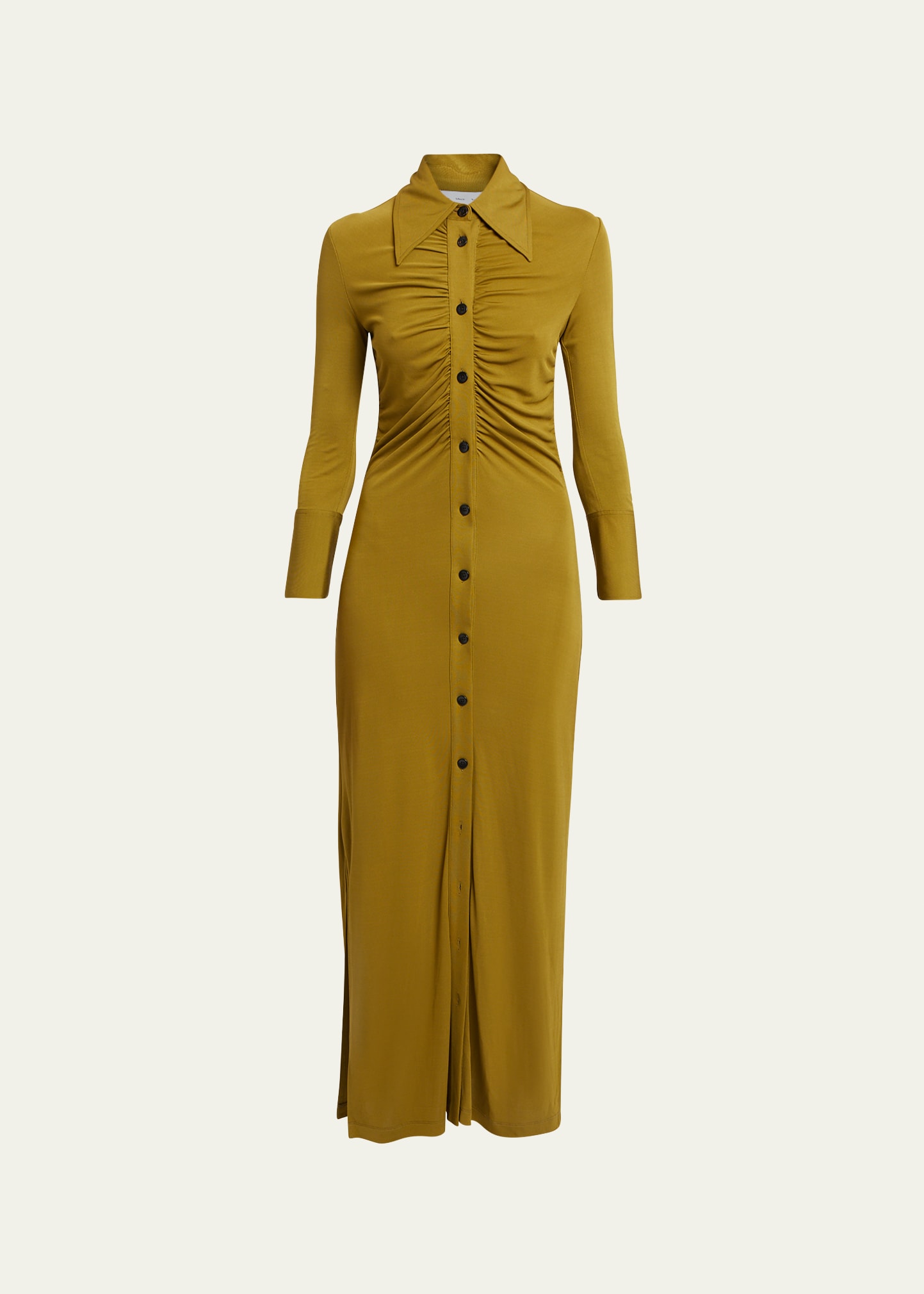 Shop Proenza Schouler White Label Clara Long-sleeve Ruched Maxi Shirtdress In Olive