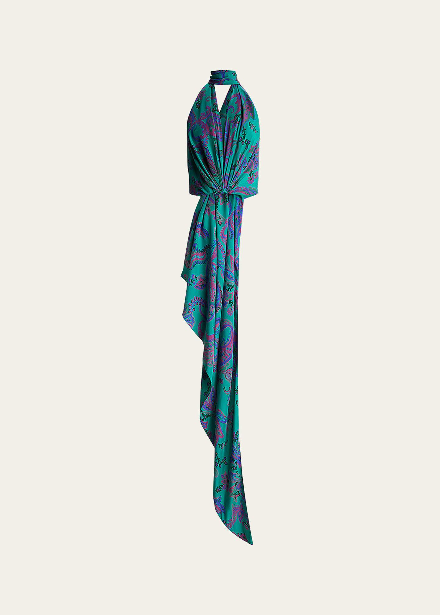 Shop Ralph Lauren Jarvis Paisley-print Plunging Halter Drape Sleeveless Blouse In Blue Mu