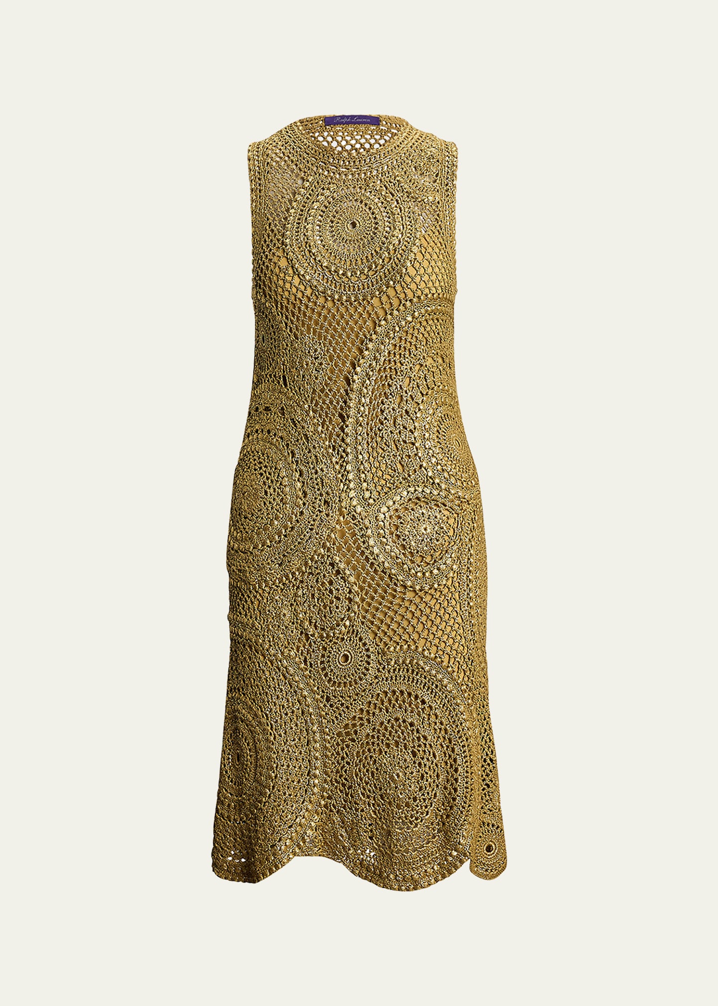 Shop Ralph Lauren Foiled Crocheted Sweater Cocktail Dress In Gold
