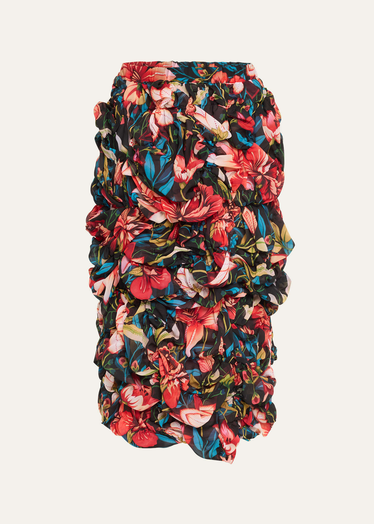 Comme Des Garçons Floral-print Ruched Midi Skirt In Multi