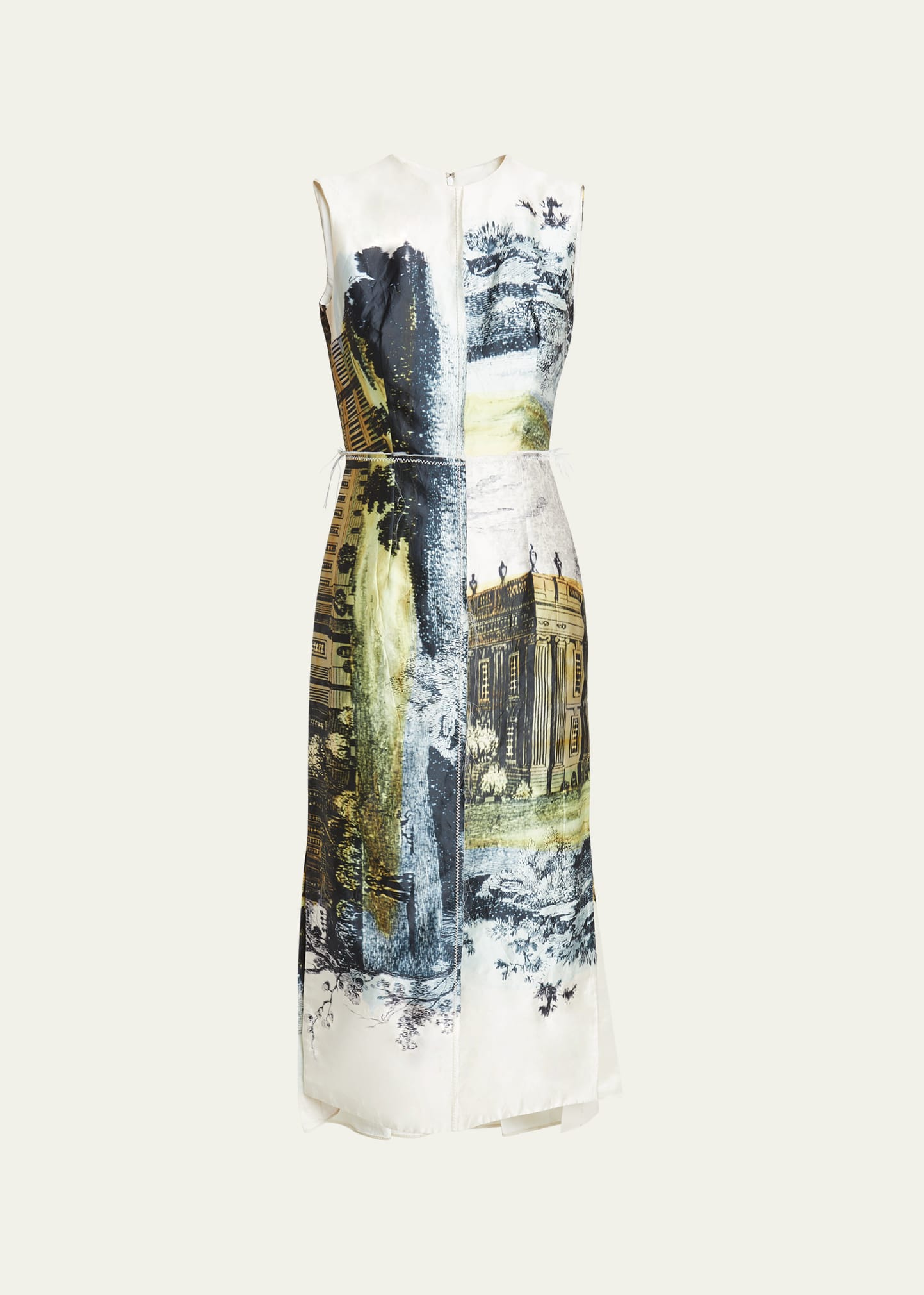 Shop Erdem Printed Pleated Back Midi Dress In Parchment