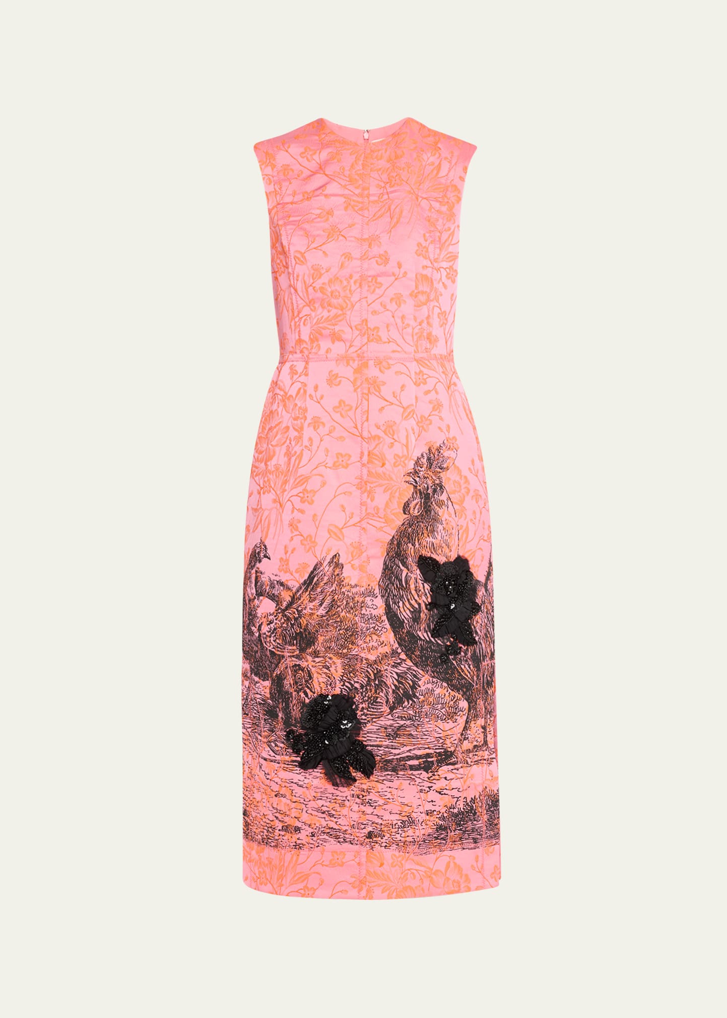 Shop Erdem Sequined Chicken-print Sleeveless Bow Floral Brocade Midi Dress In Duchess Pink &amp; Bl