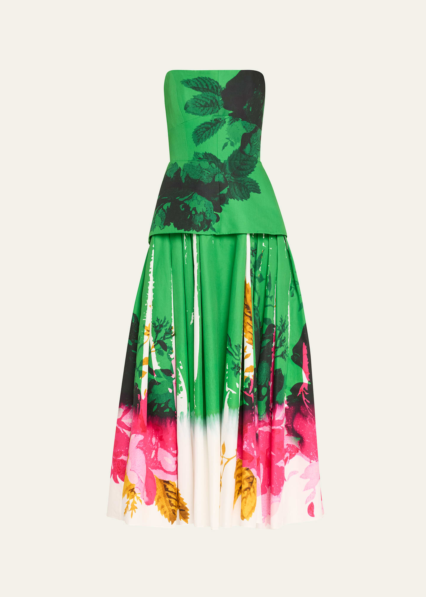 Shop Erdem Floral-print Strapless Corset Full-skirt Midi Cocktail Dress In Green