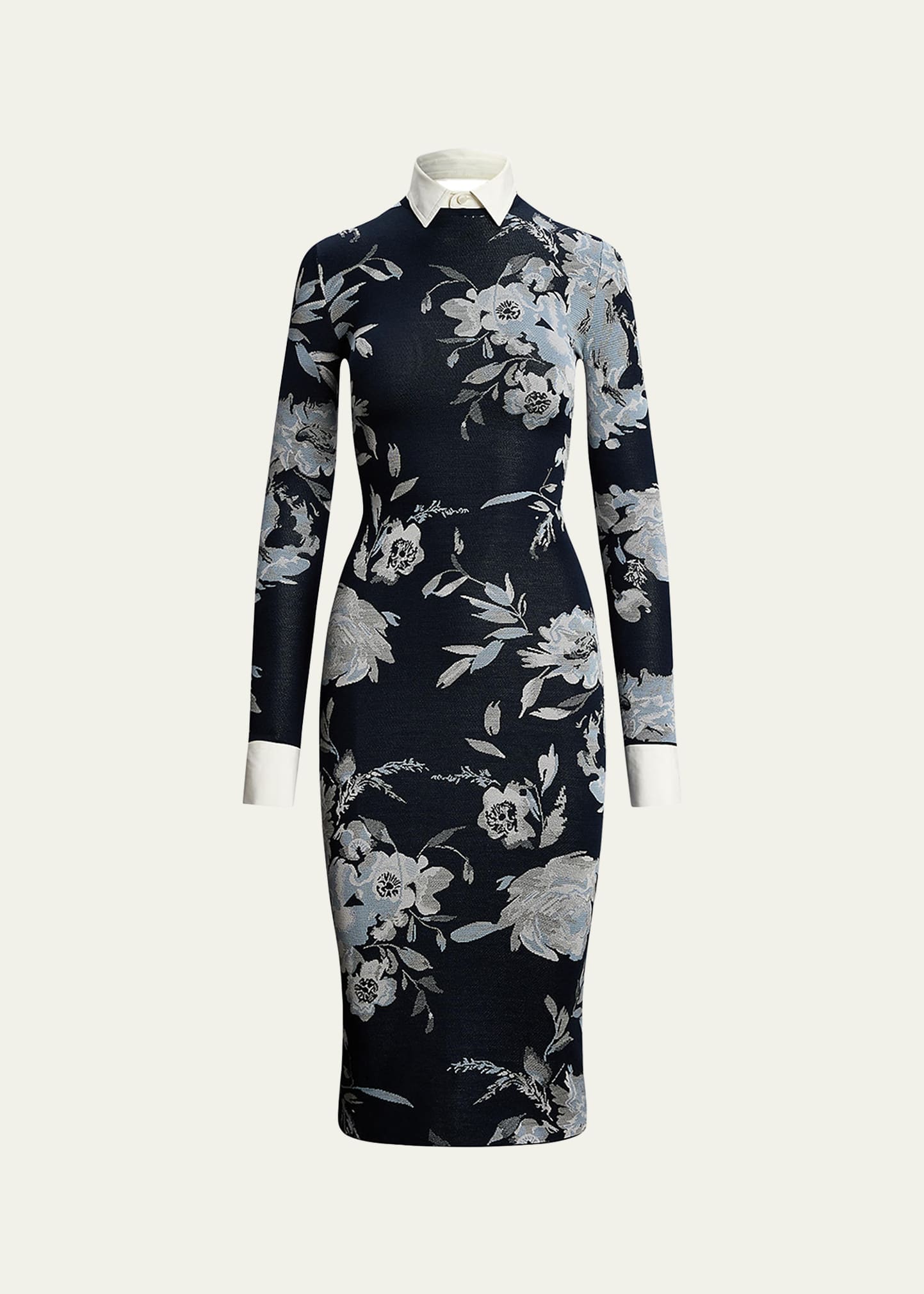 Floral Silk-Blend Jacquard Sweater Day Dress With Detachable Collar & Cuffs