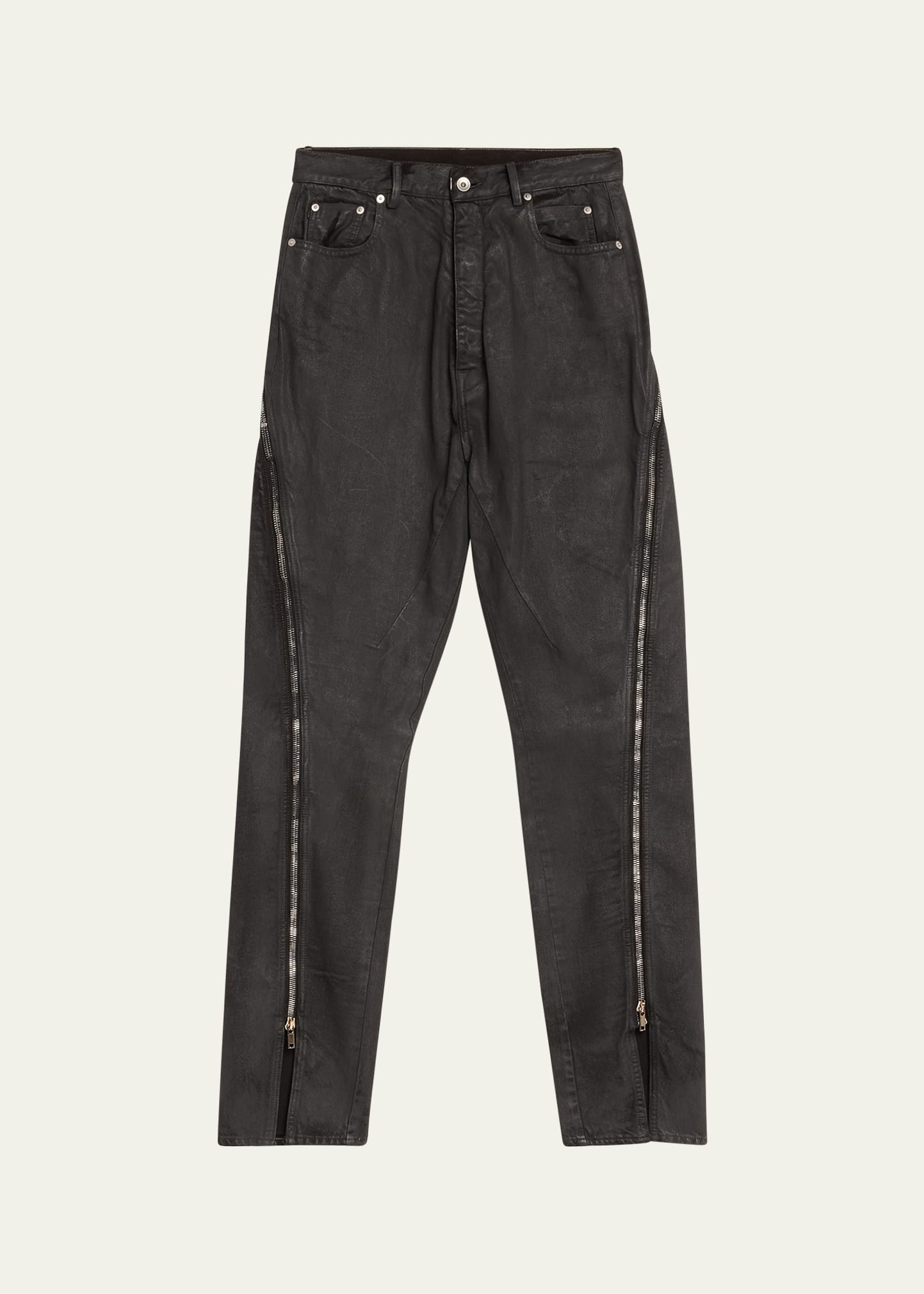 Shop Rick Owens Men's Bolan Waxed Denim Zip-leg Pants In Black/black