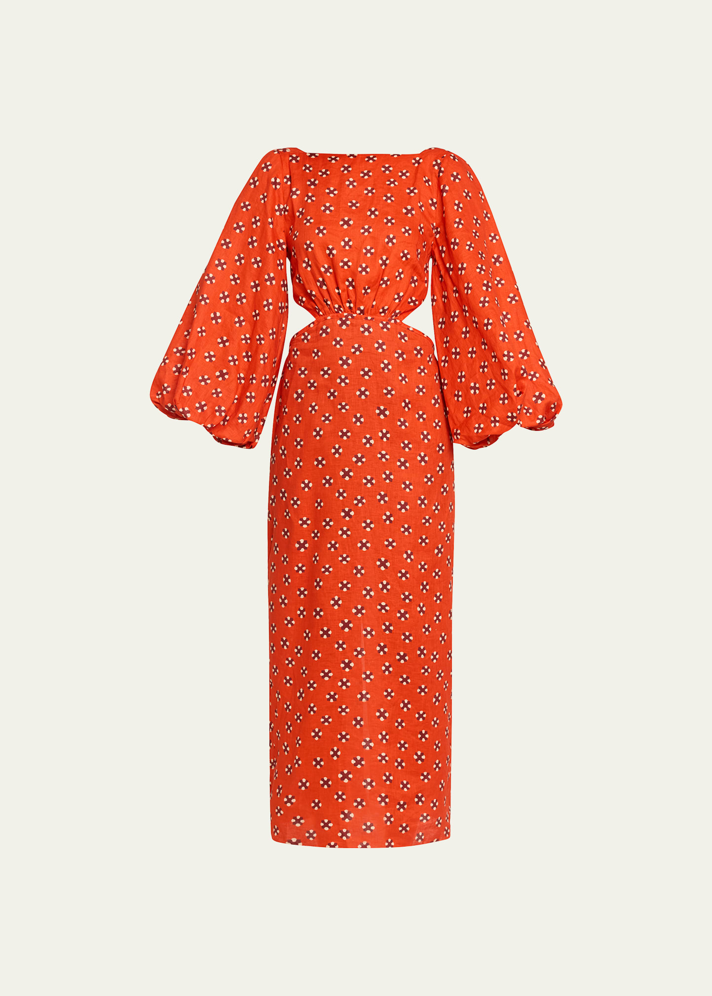 Geometric Composition Printed Open-Back Puff-Sleeve Linen Dress