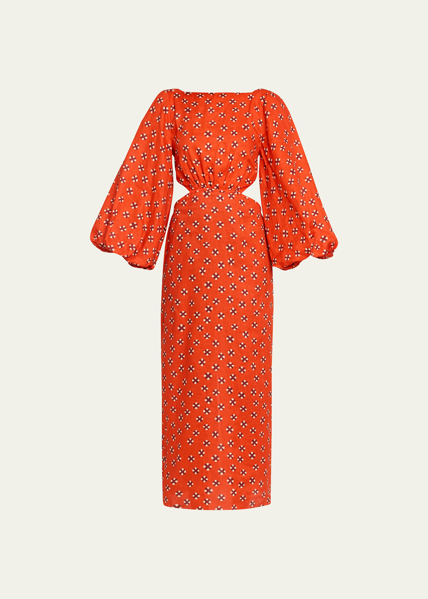 JOHANNA ORTIZ GEOMETRIC COMPOSITION PRINTED OPEN-BACK PUFF-SLEEVE LINEN DRESS