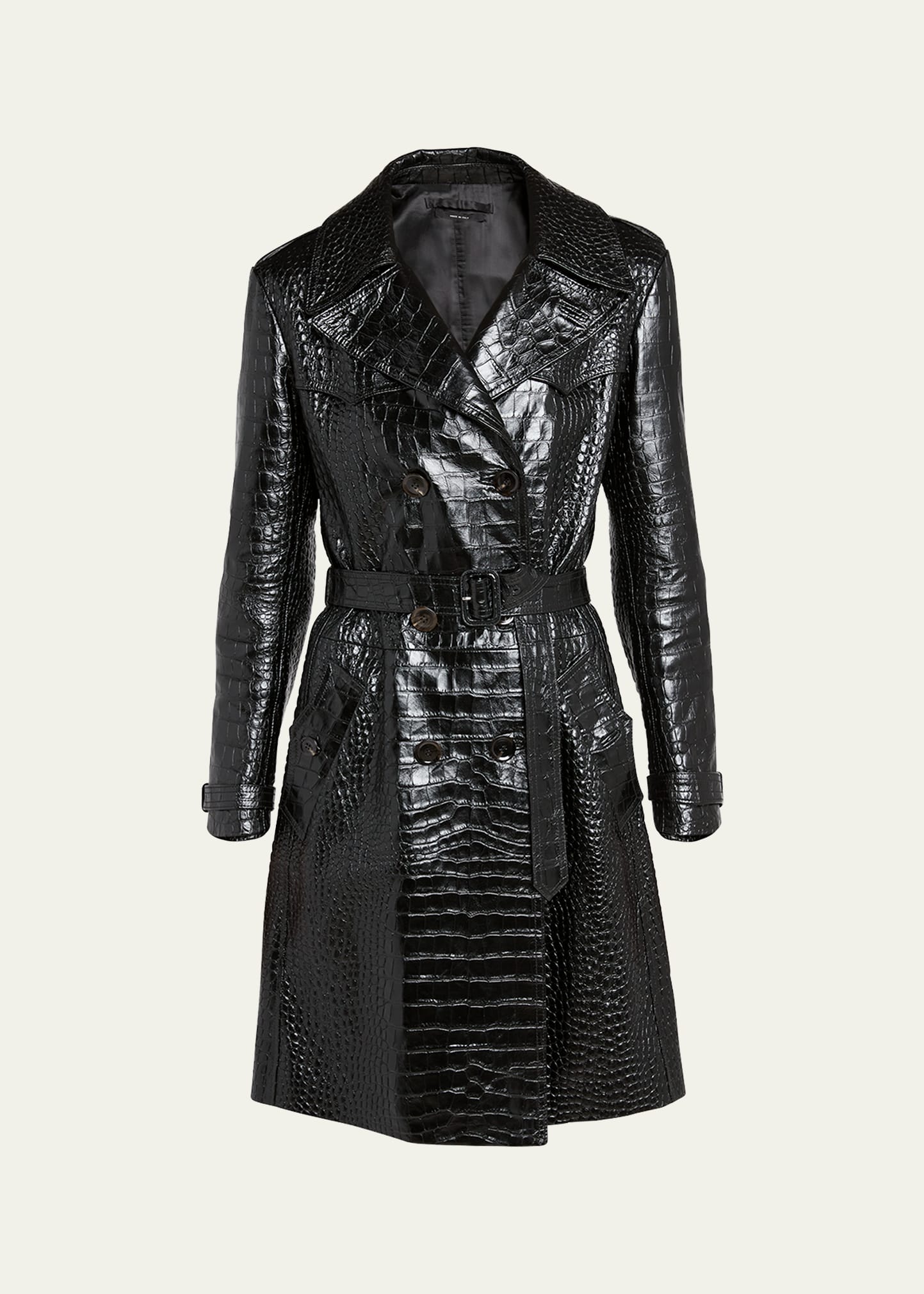 Shop Tom Ford Croco Embossed Belted Leather Trench Coat In Black