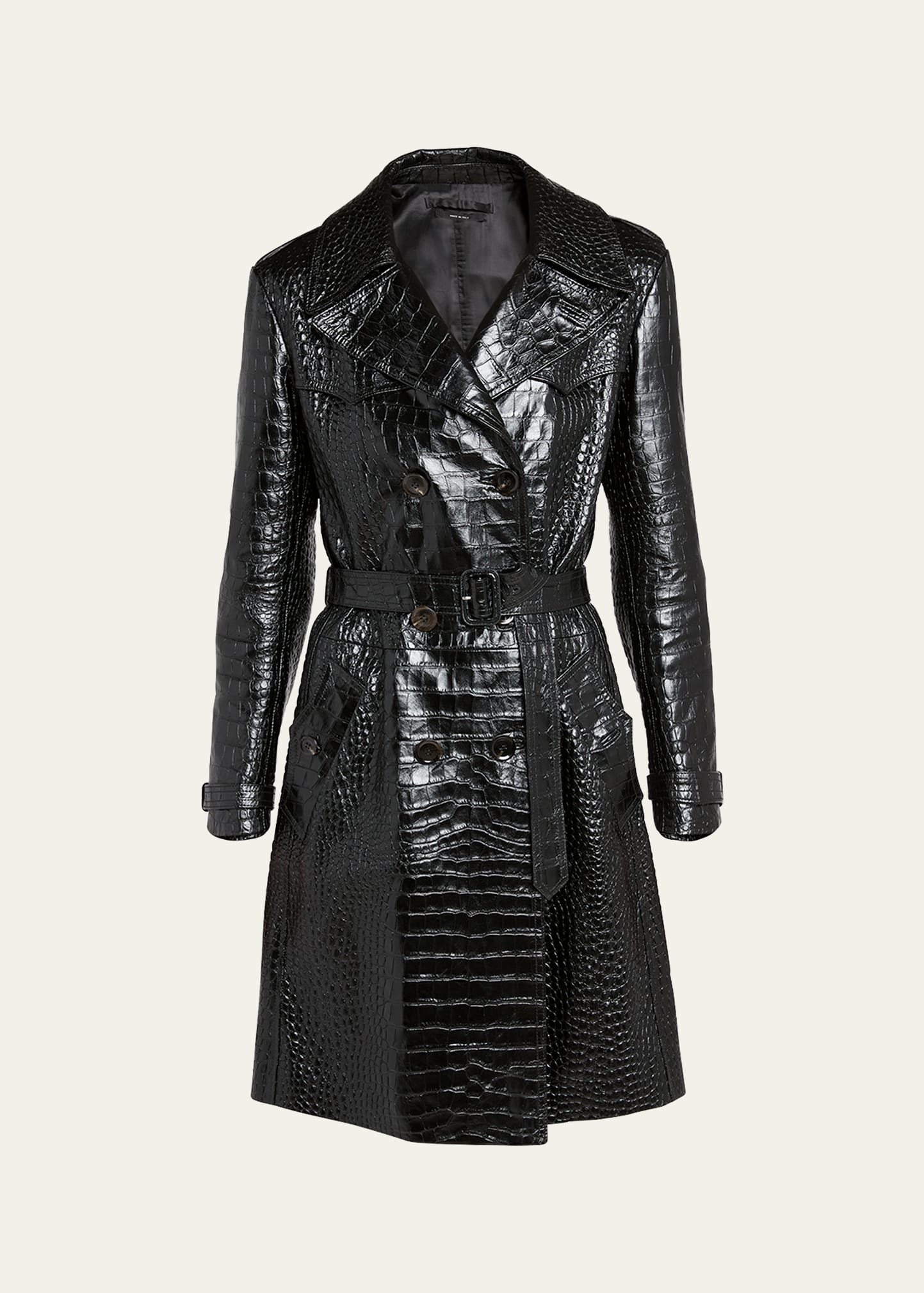 Croco Embossed Belted Leather Trench Coat