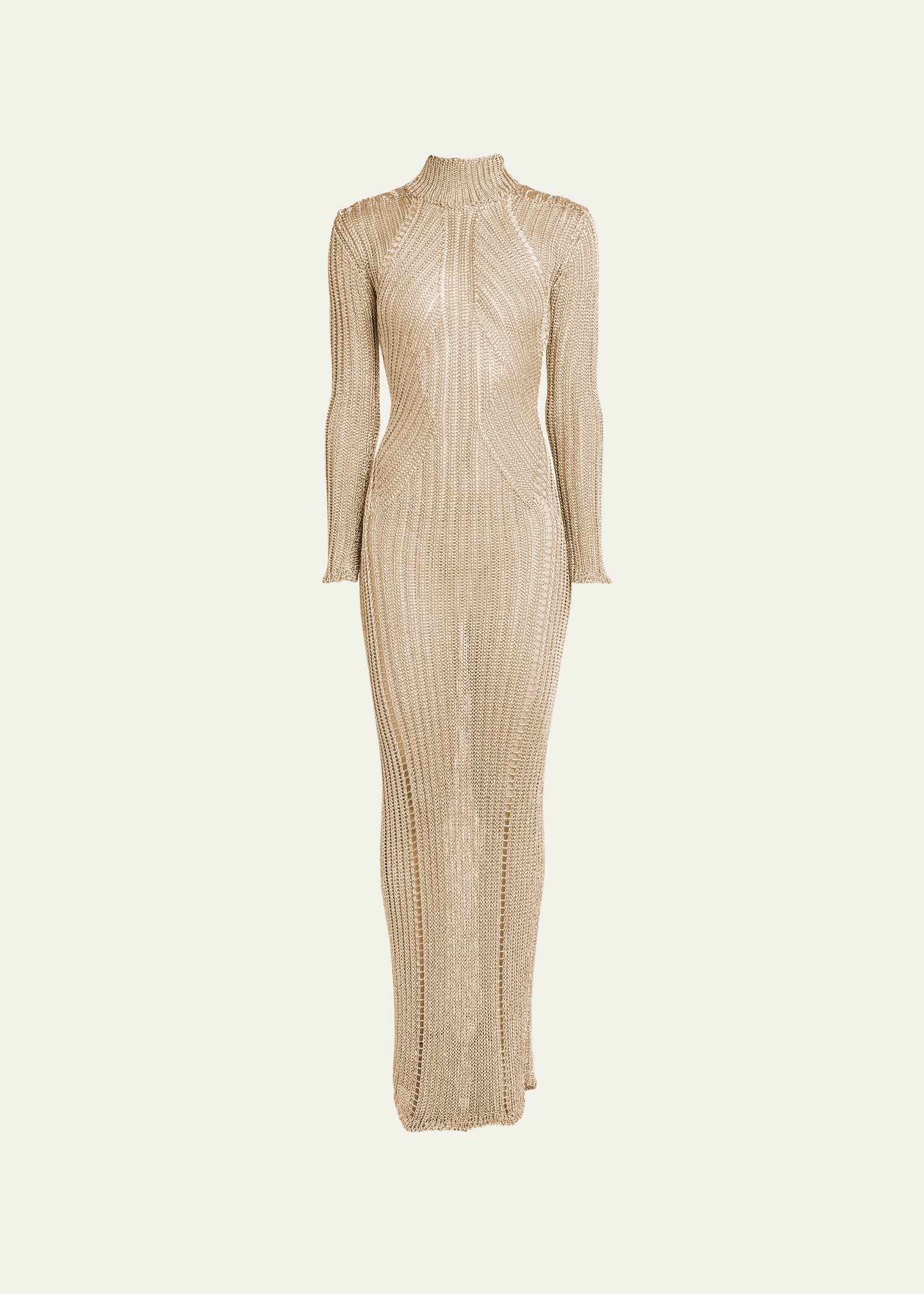 Shop Tom Ford Metallic Knit Turtleneck Long-sleeve Open-back Maxi Gown In Pale Gold