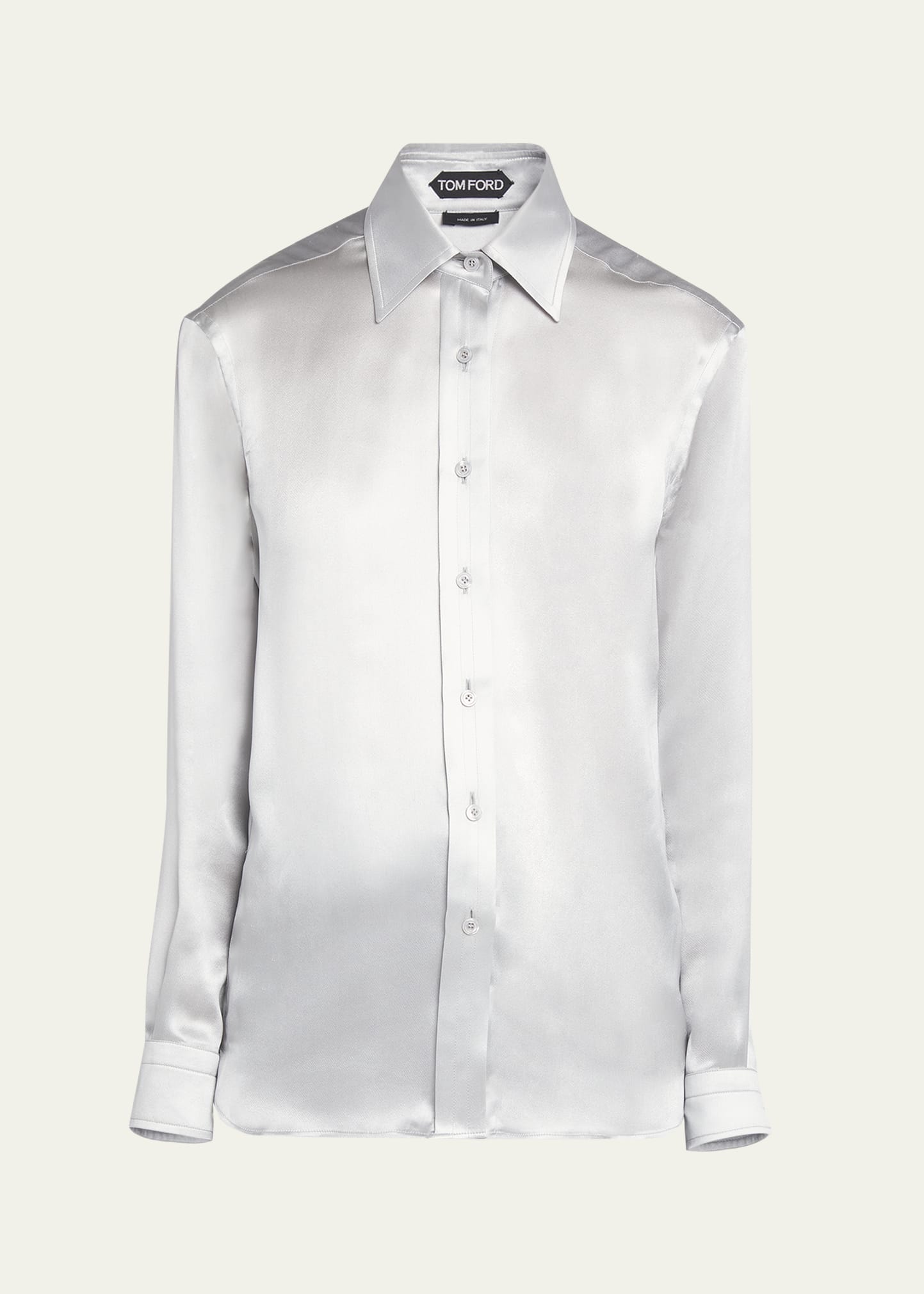 Tom Ford Pleated-placket Fluid Silk Charmeuse Collared Shirt In Pale Grey