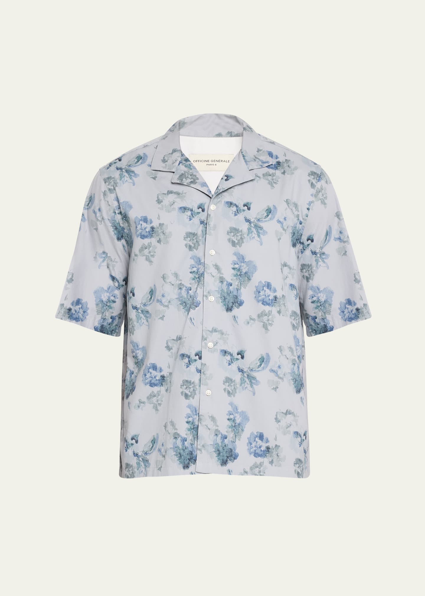 Shop Officine Generale Men's Eren Flower-print Camp Shirt In Light Blue/grey