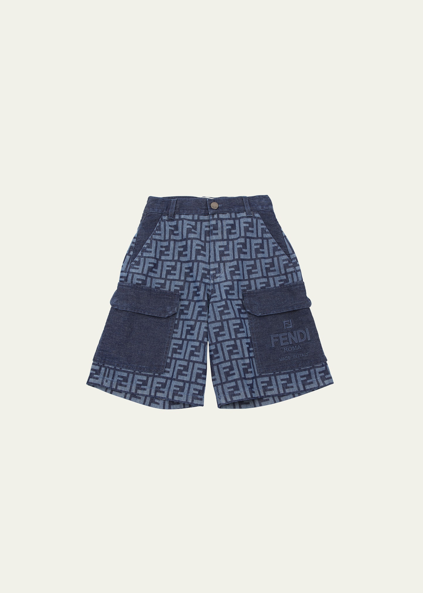 Fendi Kids' Boy's Ff Allover Denim Bermuda Shorts In F0qg0 Dark Blue