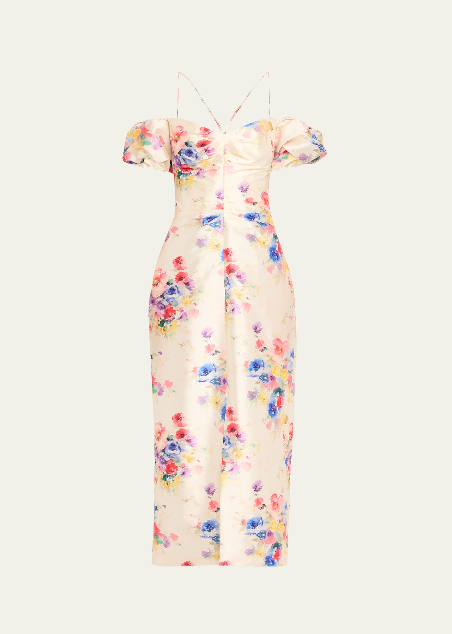 Palma Beaded Floral Off-Shoulder Ruched Midi Dress