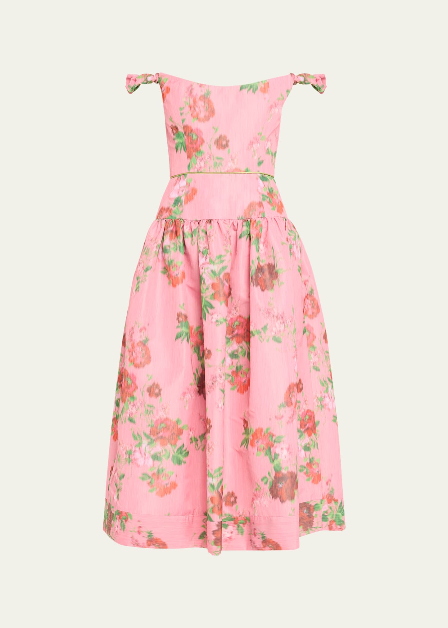 Shop Markarian Giorgia Floral Ikat Drop Waist Off-shoulder Midi Dress In Pink Ikat