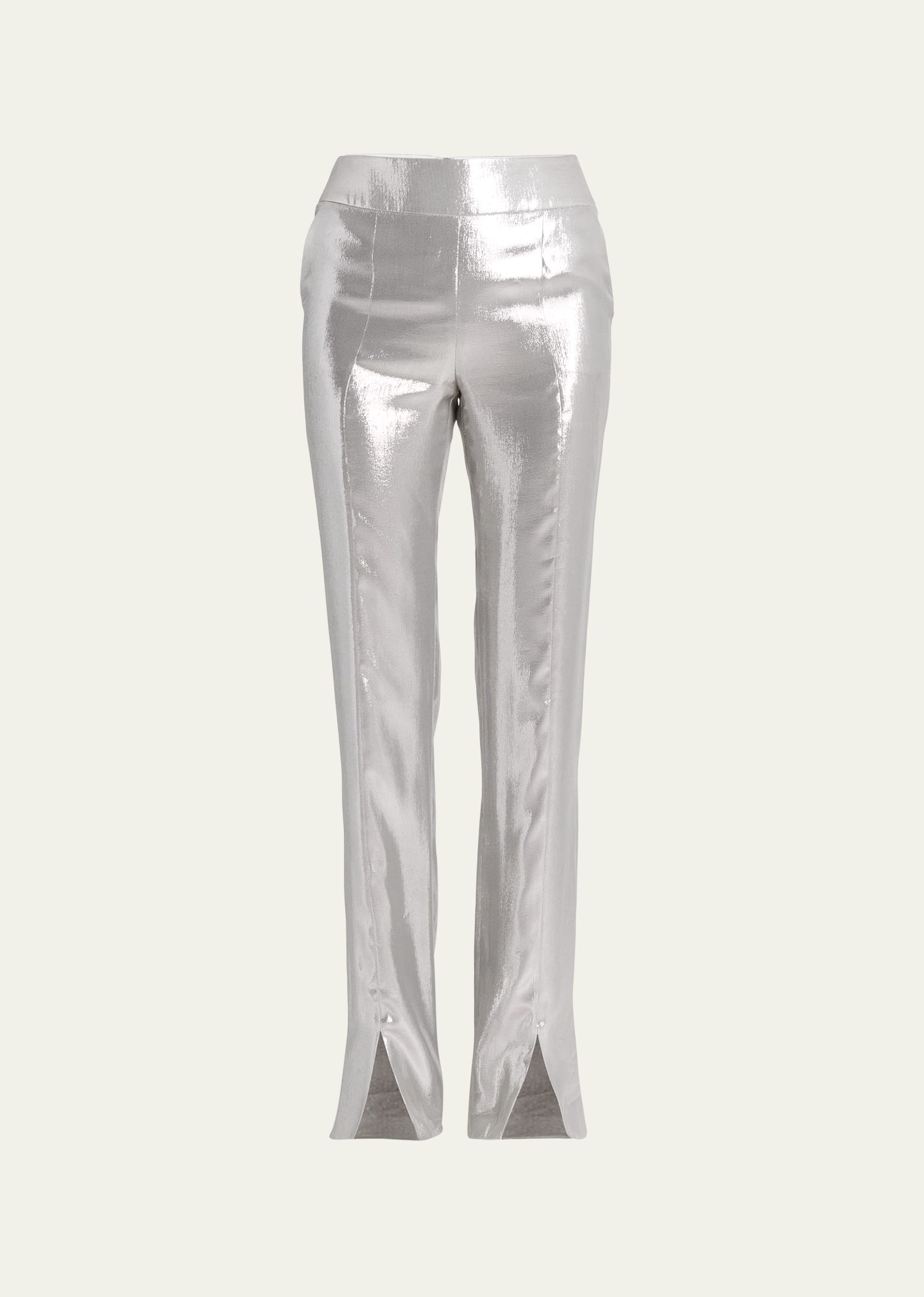 Shop Giorgio Armani Mousseline Mirror Split Front Straight Leg Trousers In Silver