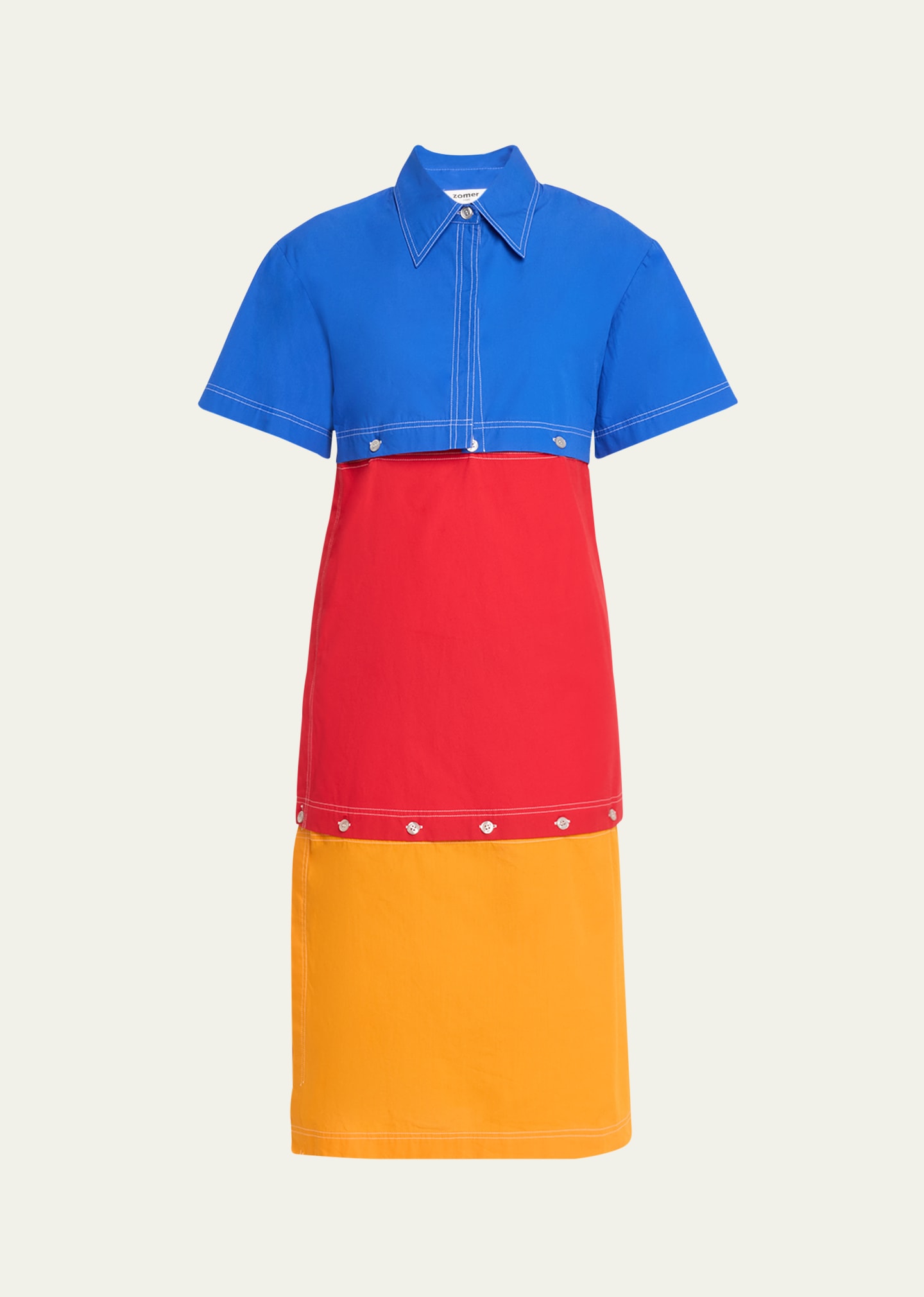 Zomer Berthe Detachable Colorblock Shirtdress In Red Blue Orange