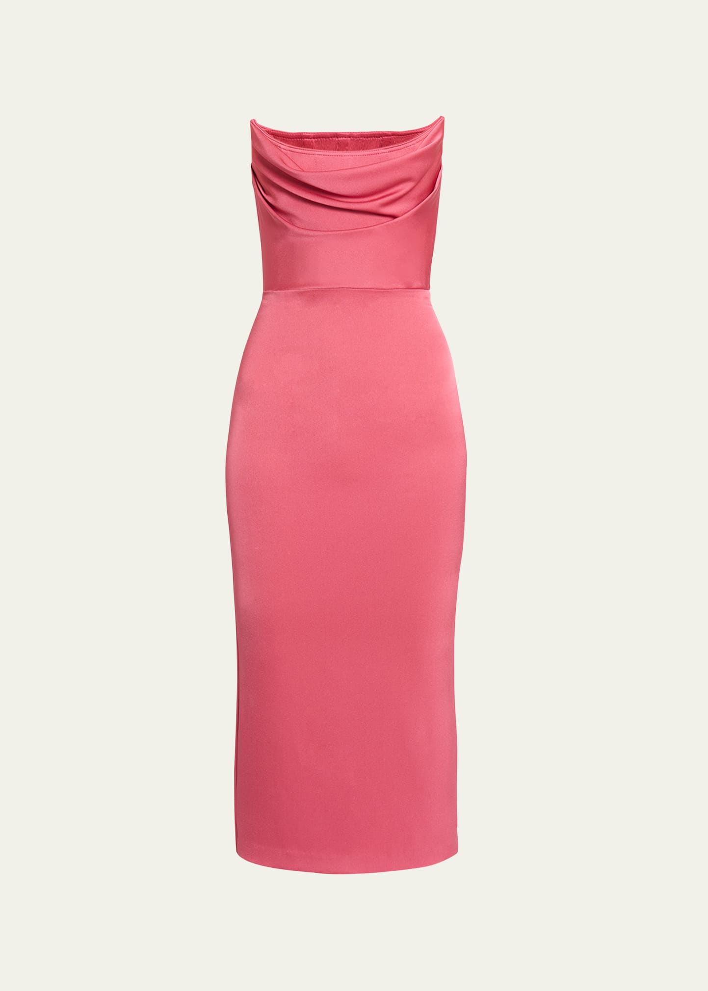 Alex Perry Strapless Satin Corset Draped Midi Dress In Pink