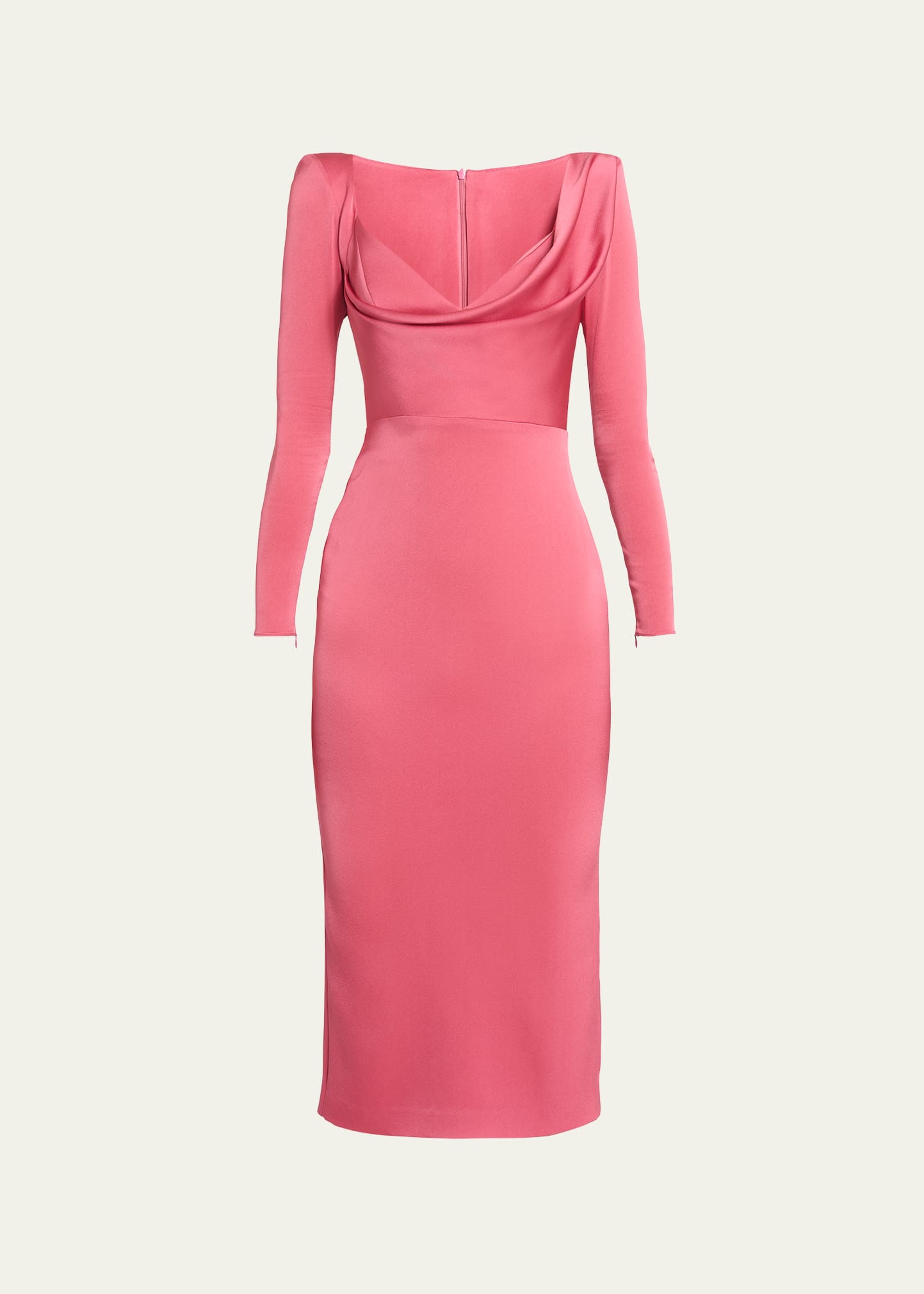 Shop Alex Perry Cowl-neck Strong-shoulder Long-sleeve Satin Crepe Midi Dress In Garnet Rose