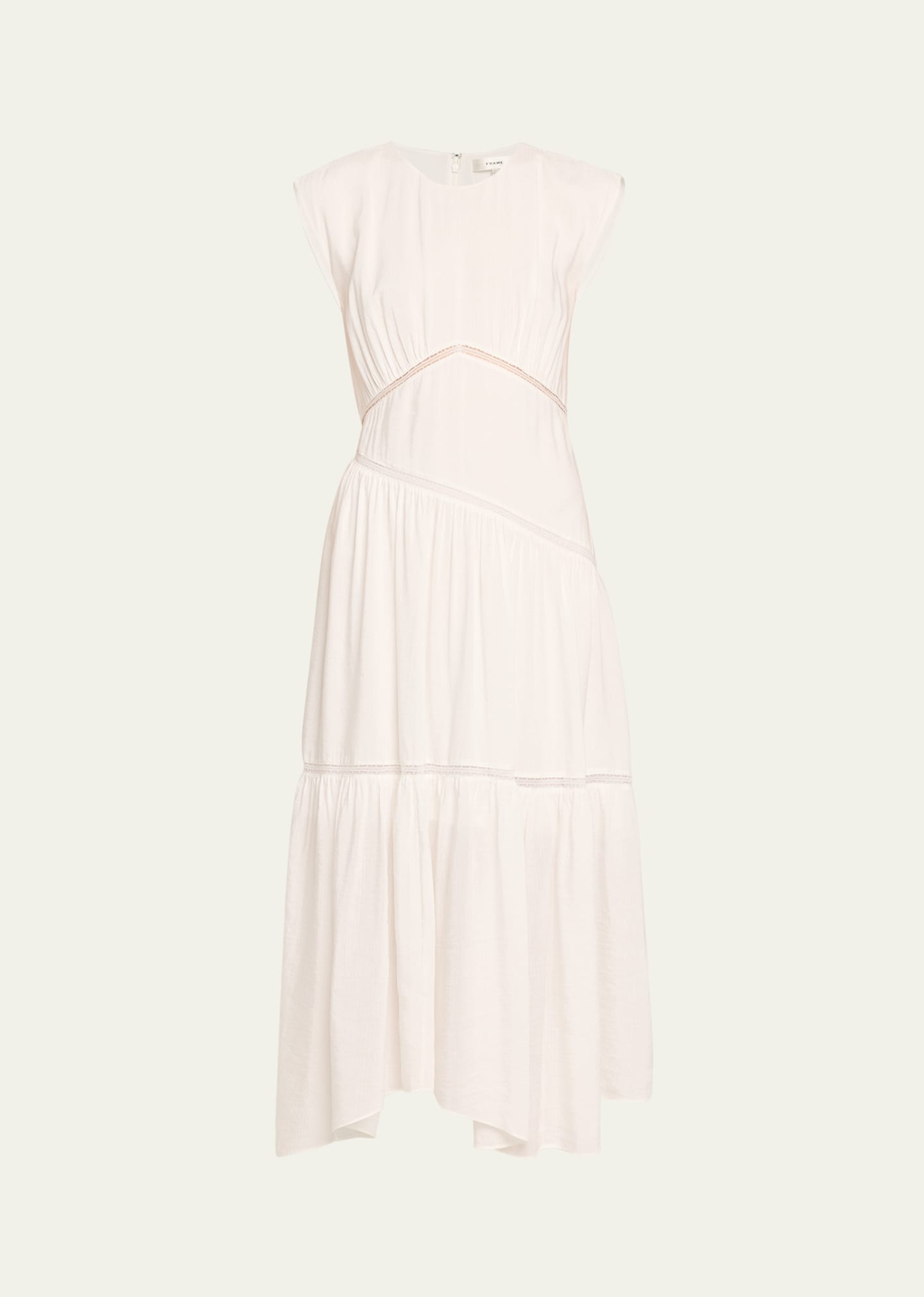 Frame Gathered Seam Lace Inset Midi Dress In White