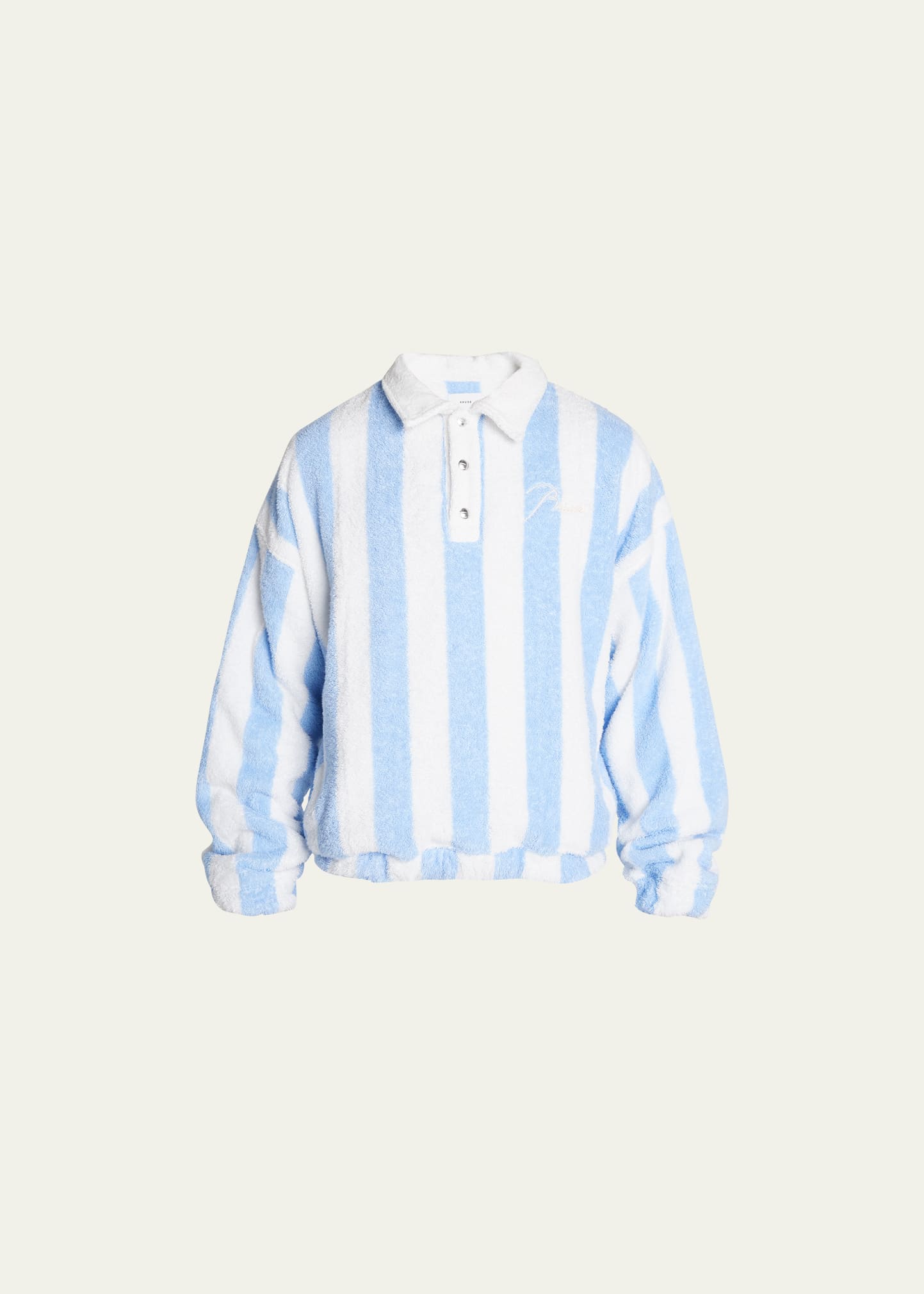 Shop Rhude Men's Striped Cotton Towel Terry Long-sleeve Polo Shirt In White/light Blue