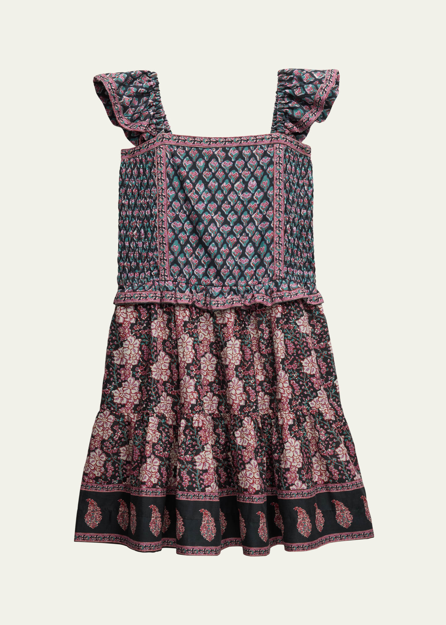 Girl's Donna Mixed-Print Flutter-Sleeve Dress, Size 2-14