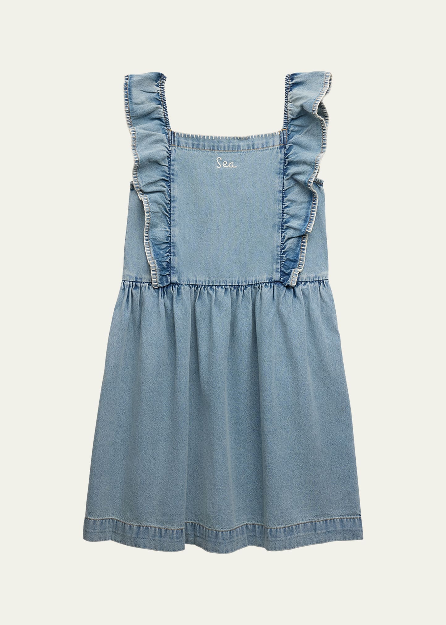 Girl's Marion Mended Denim Flutter-Sleeve Pinafore Dress, Size 2-14