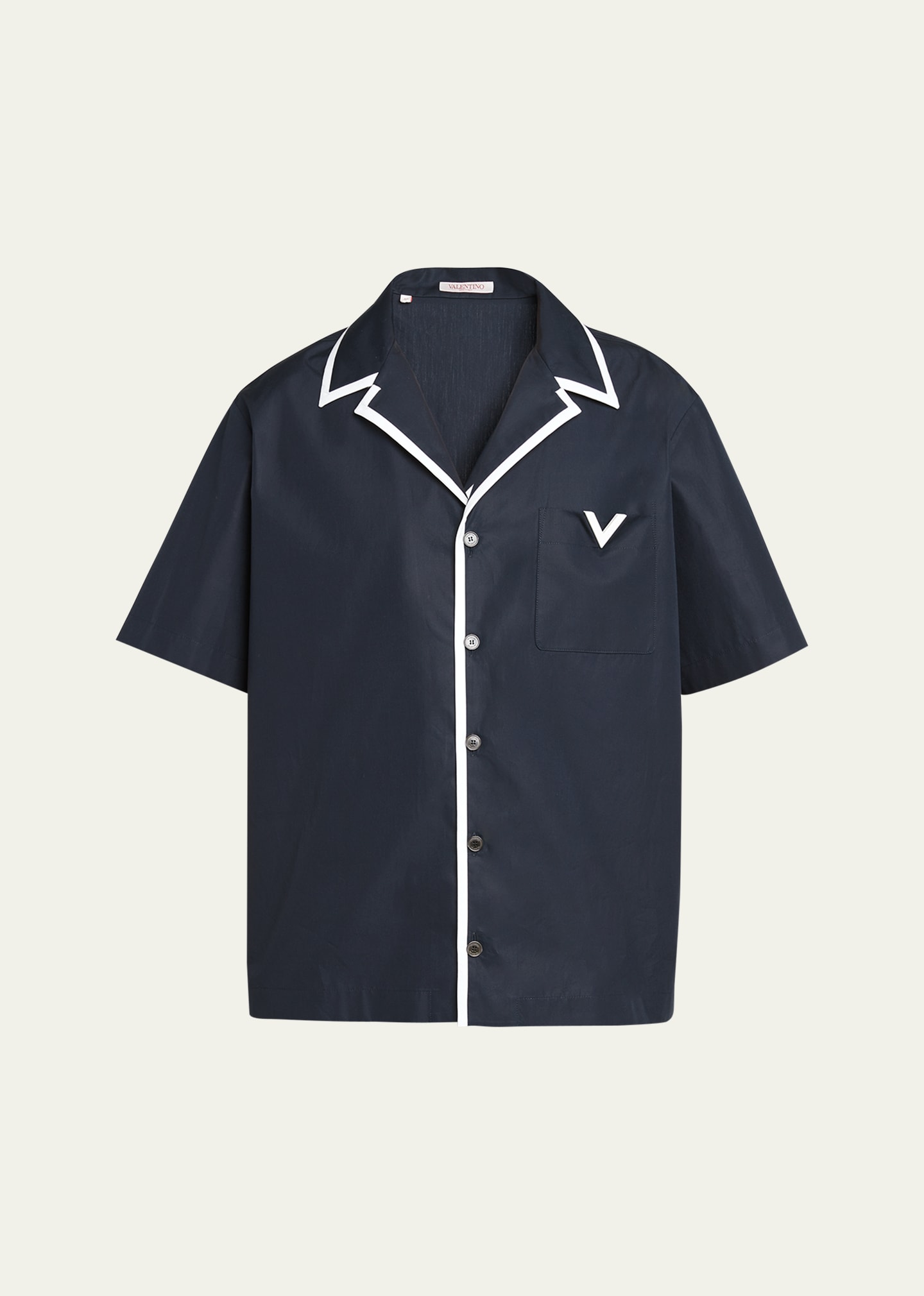Shop Valentino Men's Heavy Poplin Piped Camp Shirt In Navy