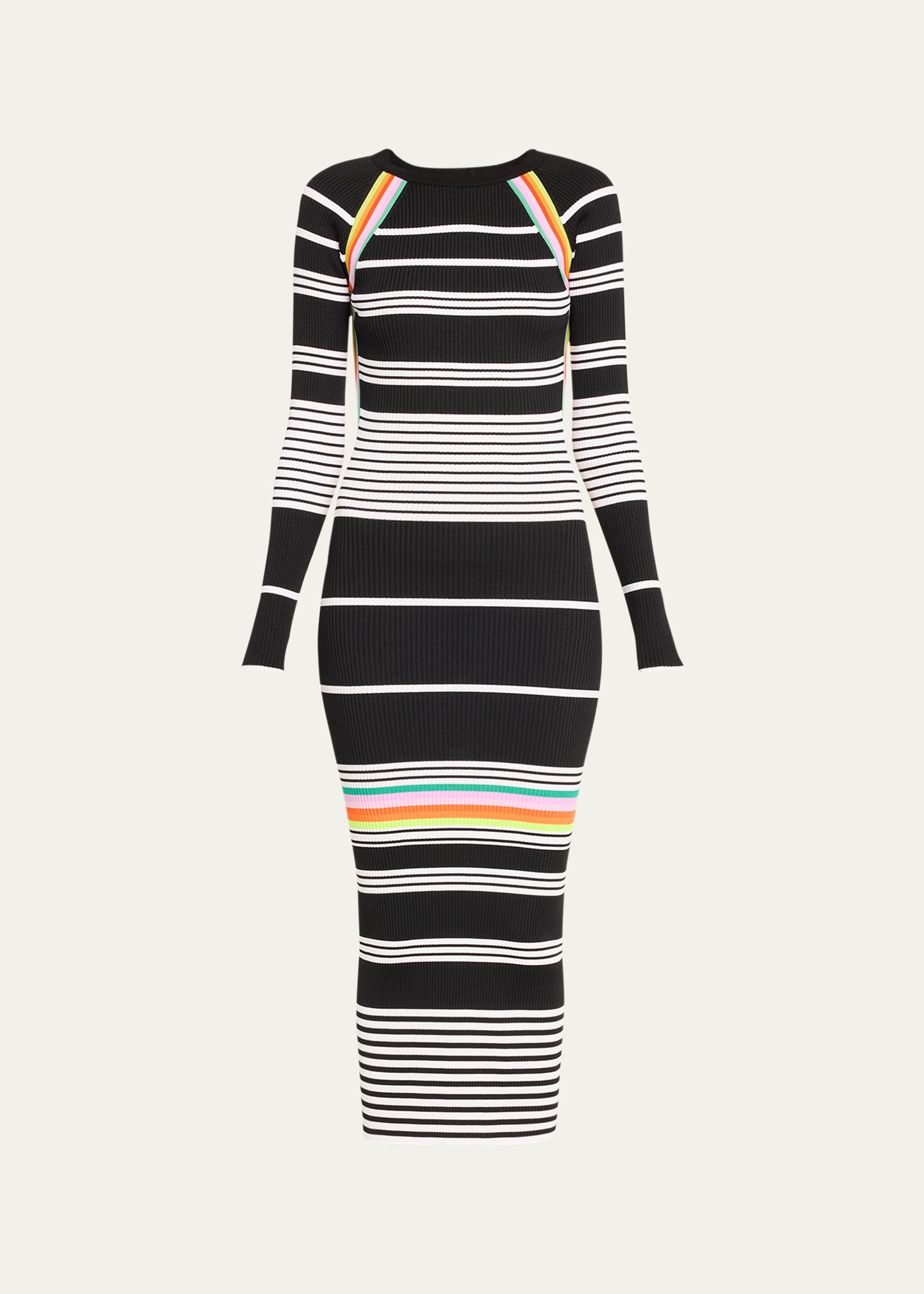 Multi-Striped Rib-Knit Backless Long-Sleeve Dress
