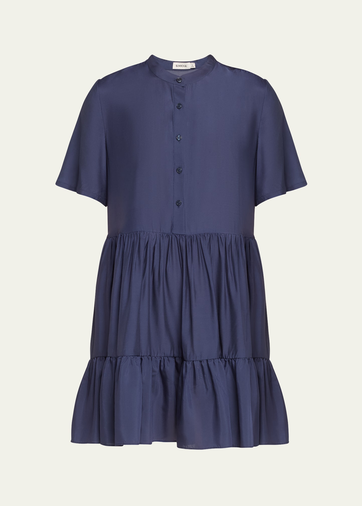 Shop Simkhai Livia Short-sleeve Tiered Mini Dress In Midnight