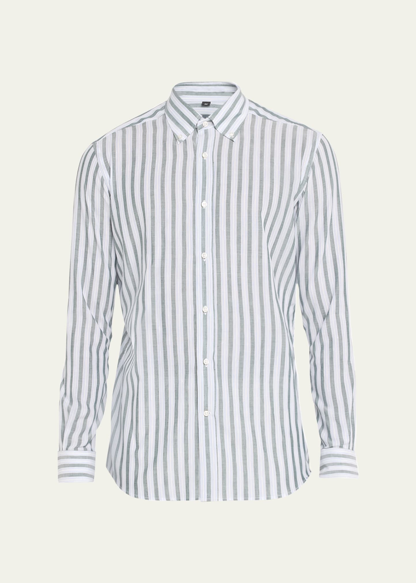 Bergdorf Goodman Men's Linen-cotton Stripe Casual Button-down Shirt In Grn Wht Blu