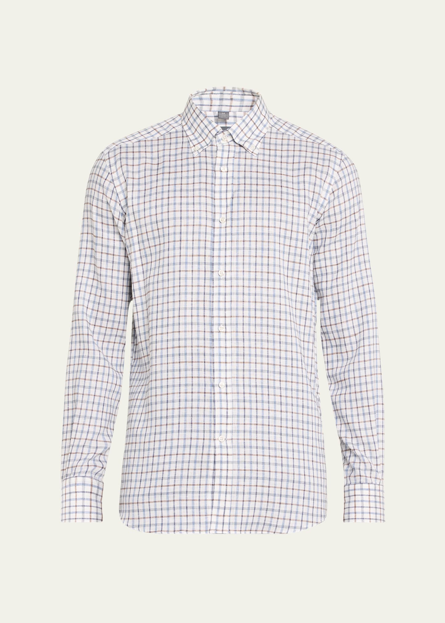 Shop Bergdorf Goodman Men's Linen Check-print Sport Shirt In Wht Blu Brn