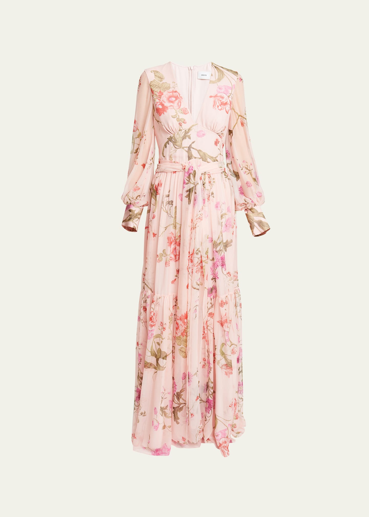 Floral-Printed Pleated Self-Tie Silk Gown