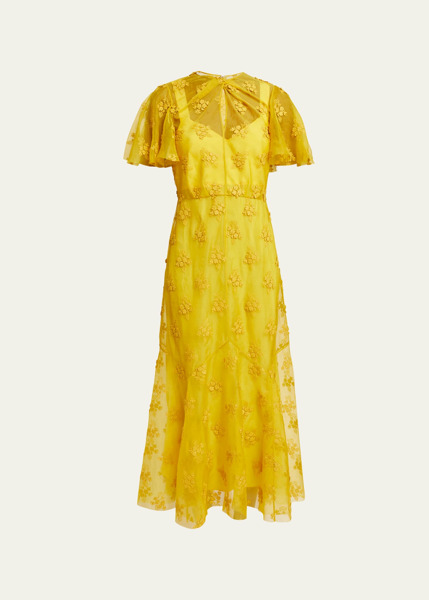 Erdem Floral Applique Sheer Flutter-sleeve Dress In Laurel