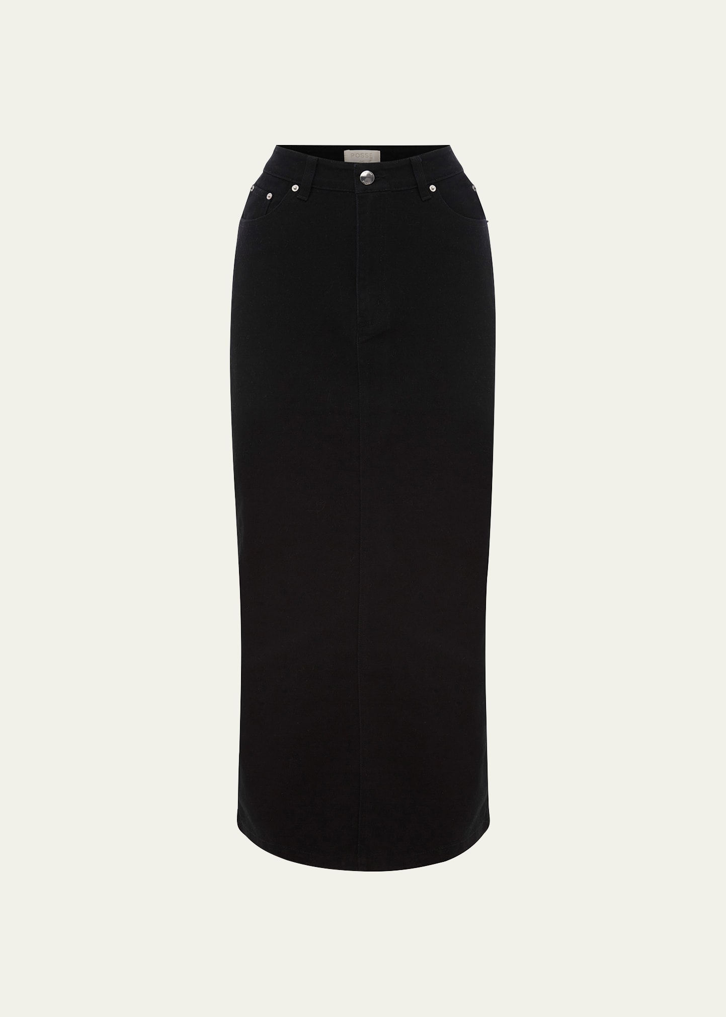 Shop Posse Harvey Long Pencil Denim Skirt In Black