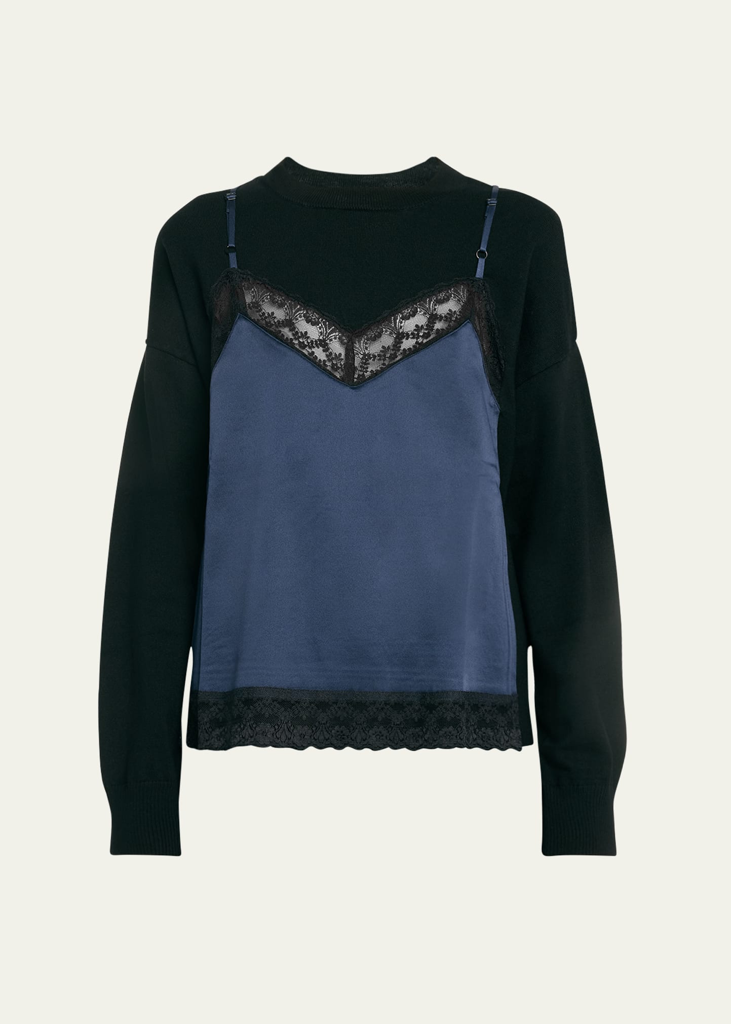 Monse Lace Cami Overlay Wool Sweater In Black Midnight